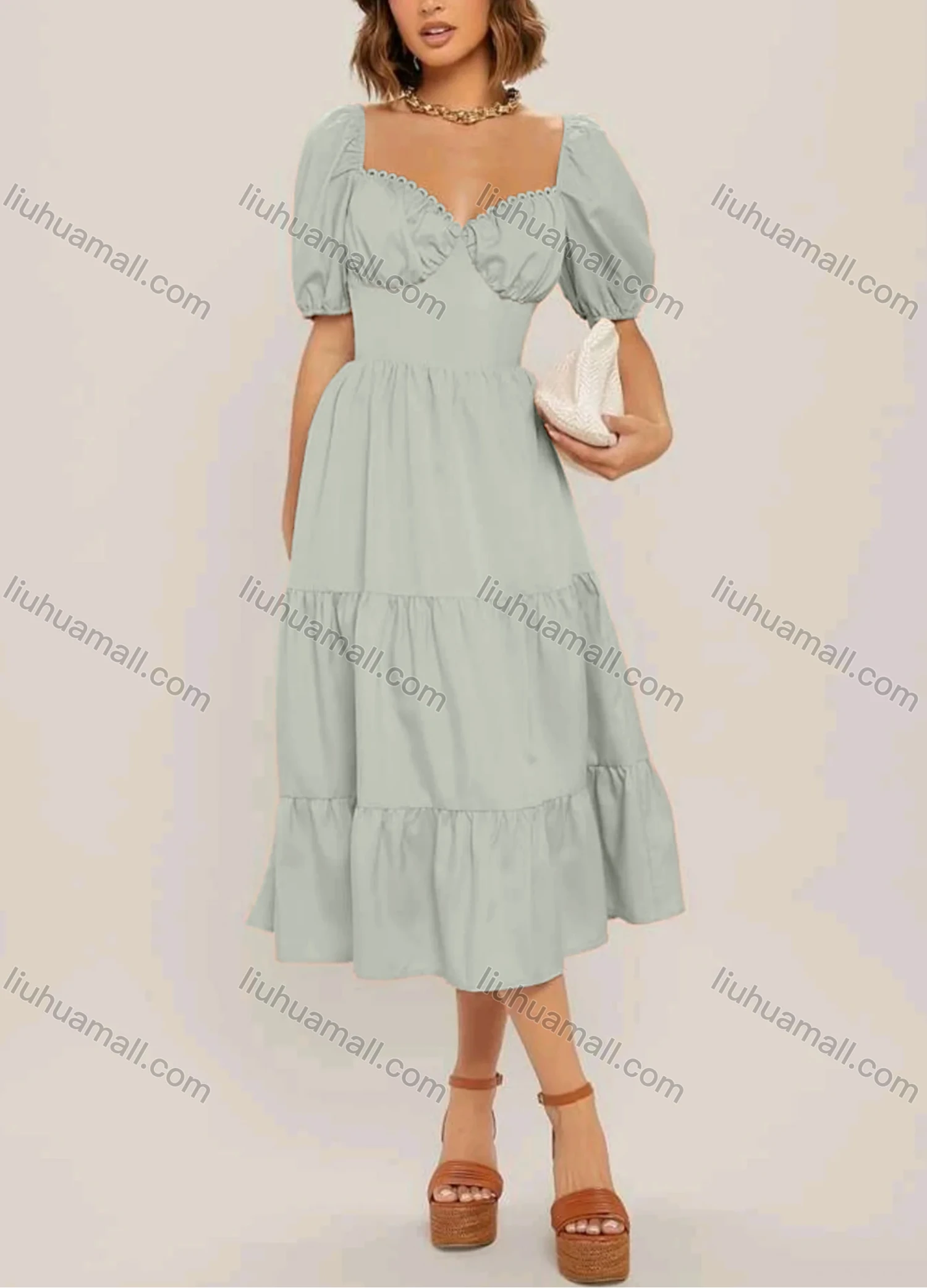 Wholesale Women's Casual Sweetheart Neck Tie Back Puff Sleeve Backless Ruffle Hem Midi Dress - Liuhuamall