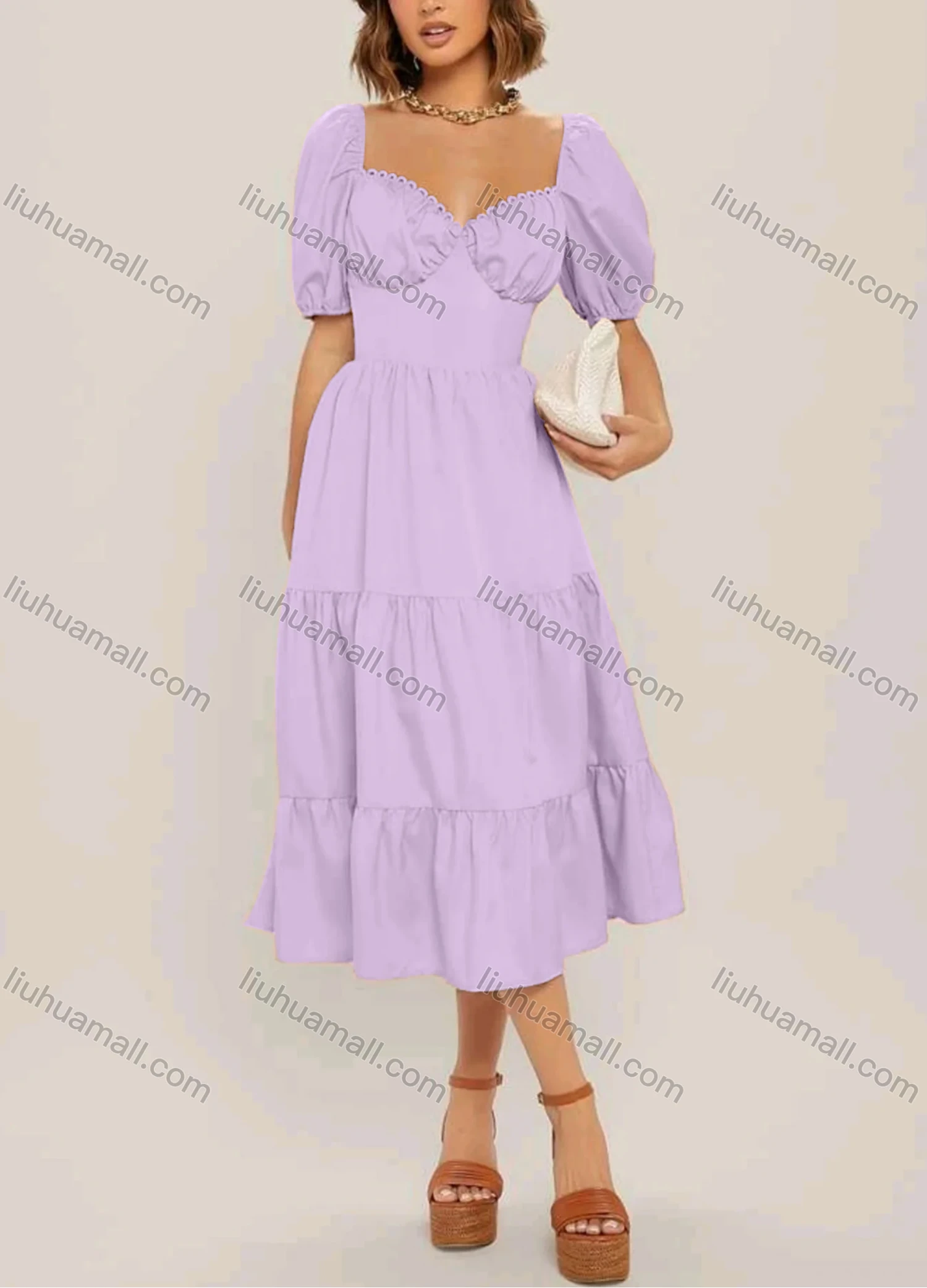 Wholesale Women's Casual Sweetheart Neck Tie Back Puff Sleeve Backless Ruffle Hem Midi Dress - Liuhuamall