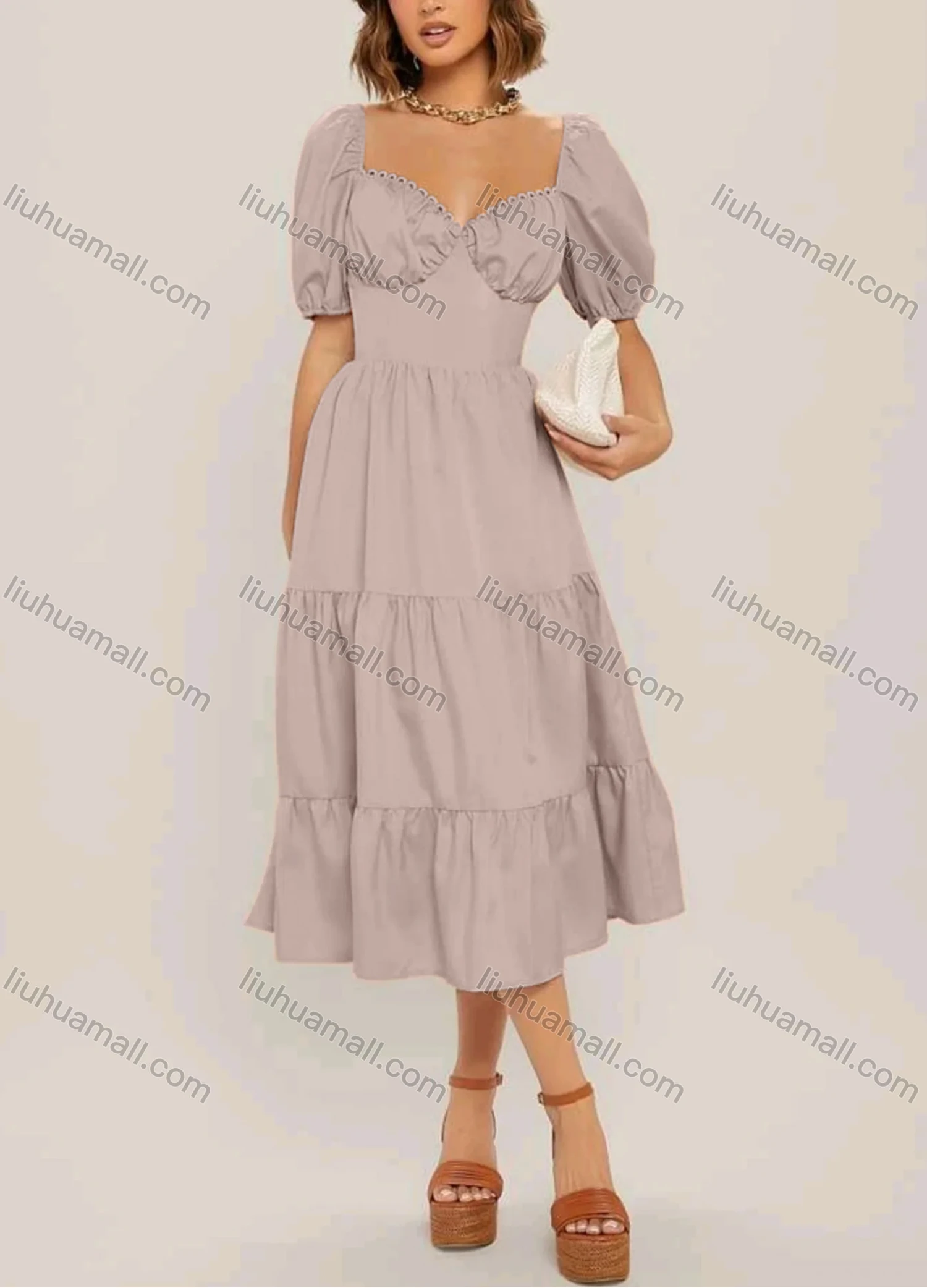 Wholesale Women's Casual Sweetheart Neck Tie Back Puff Sleeve Backless Ruffle Hem Midi Dress - Liuhuamall