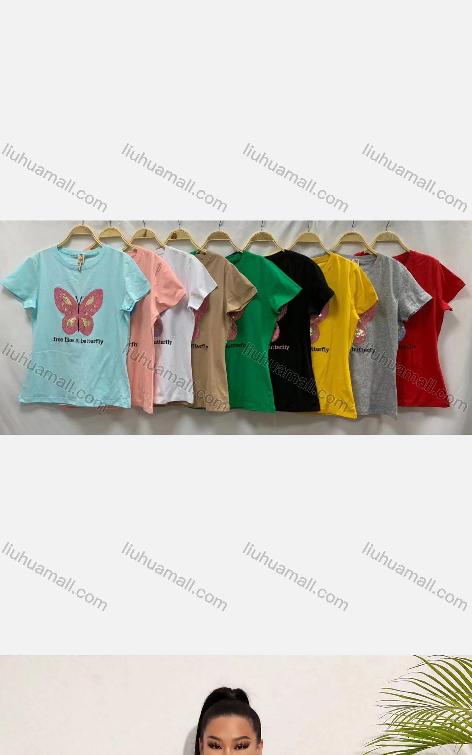 Wholesale Women's Casual Crew Neck Short Sleeve Rhinestone Butterfly Drawstring Letter T-shirt - Liuhuamall