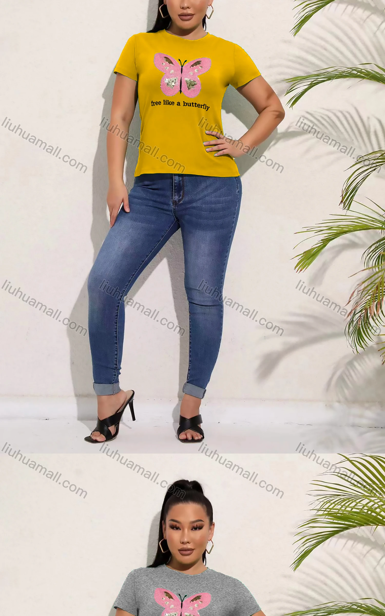 Wholesale Women's Casual Crew Neck Short Sleeve Rhinestone Butterfly Drawstring Letter T-shirt - Liuhuamall