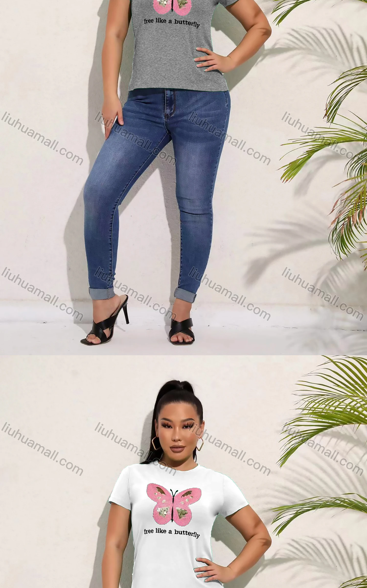 Wholesale Women's Casual Crew Neck Short Sleeve Rhinestone Butterfly Drawstring Letter T-shirt - Liuhuamall