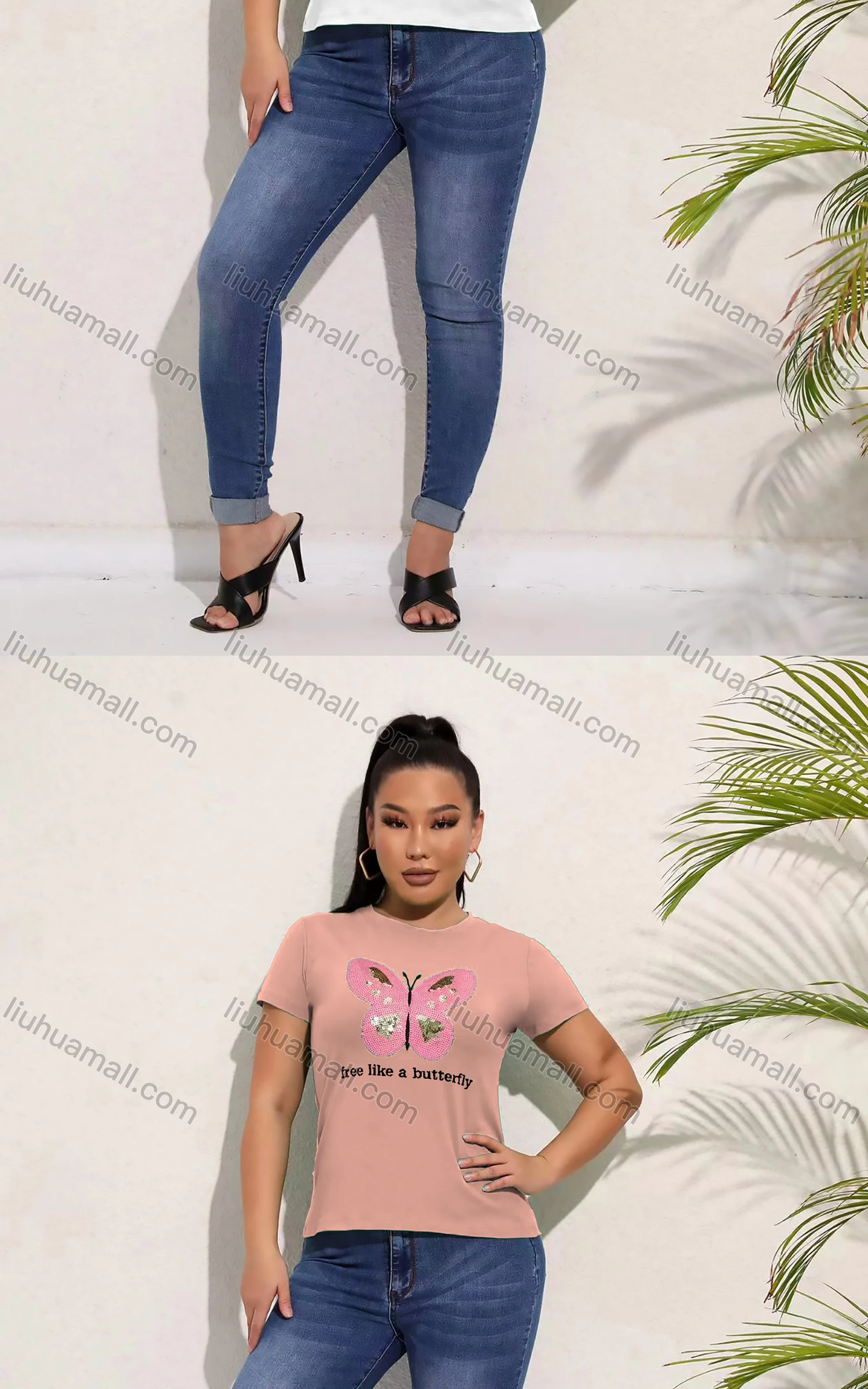 Wholesale Women's Casual Crew Neck Short Sleeve Rhinestone Butterfly Drawstring Letter T-shirt - Liuhuamall