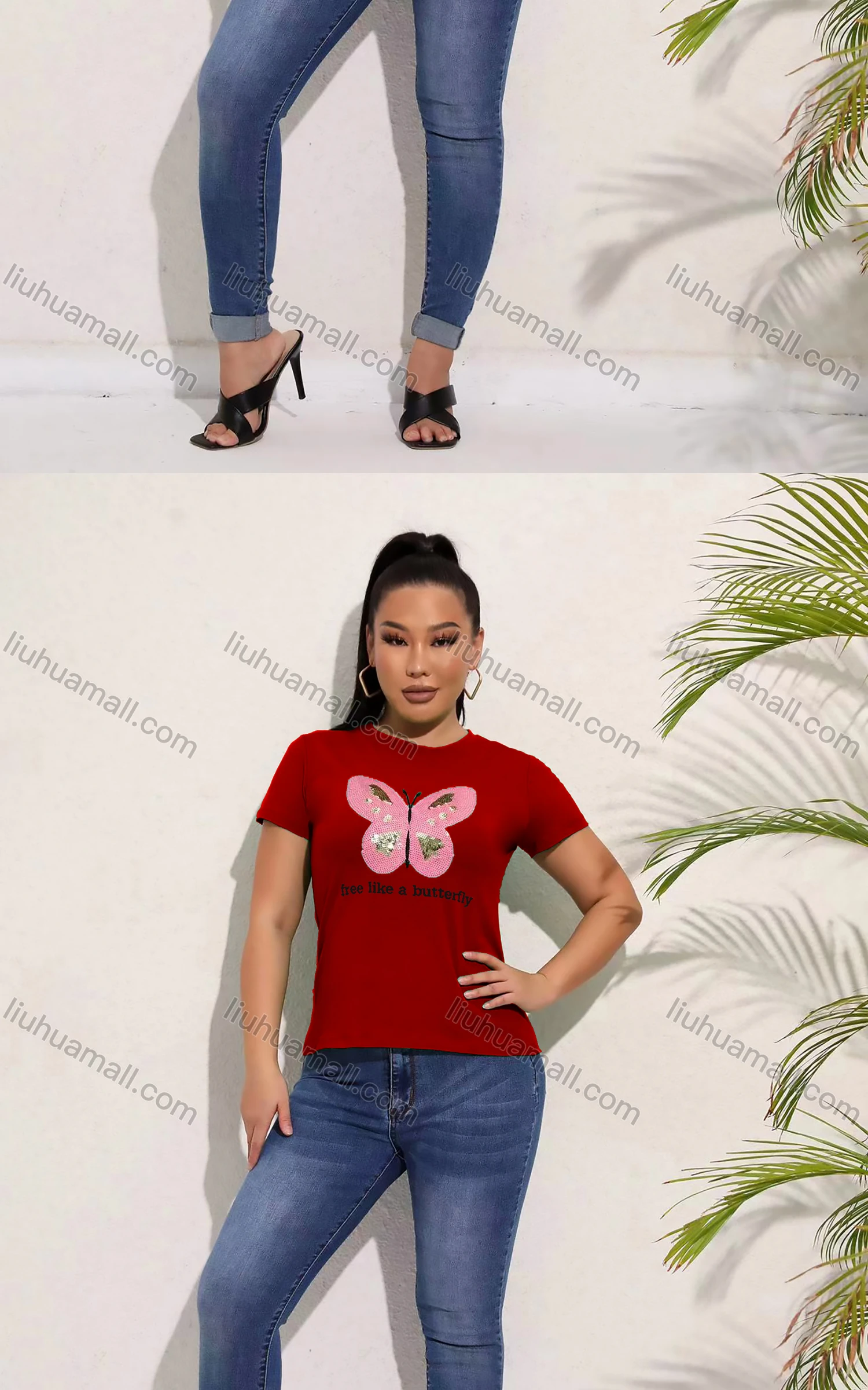 Wholesale Women's Casual Crew Neck Short Sleeve Rhinestone Butterfly Drawstring Letter T-shirt - Liuhuamall