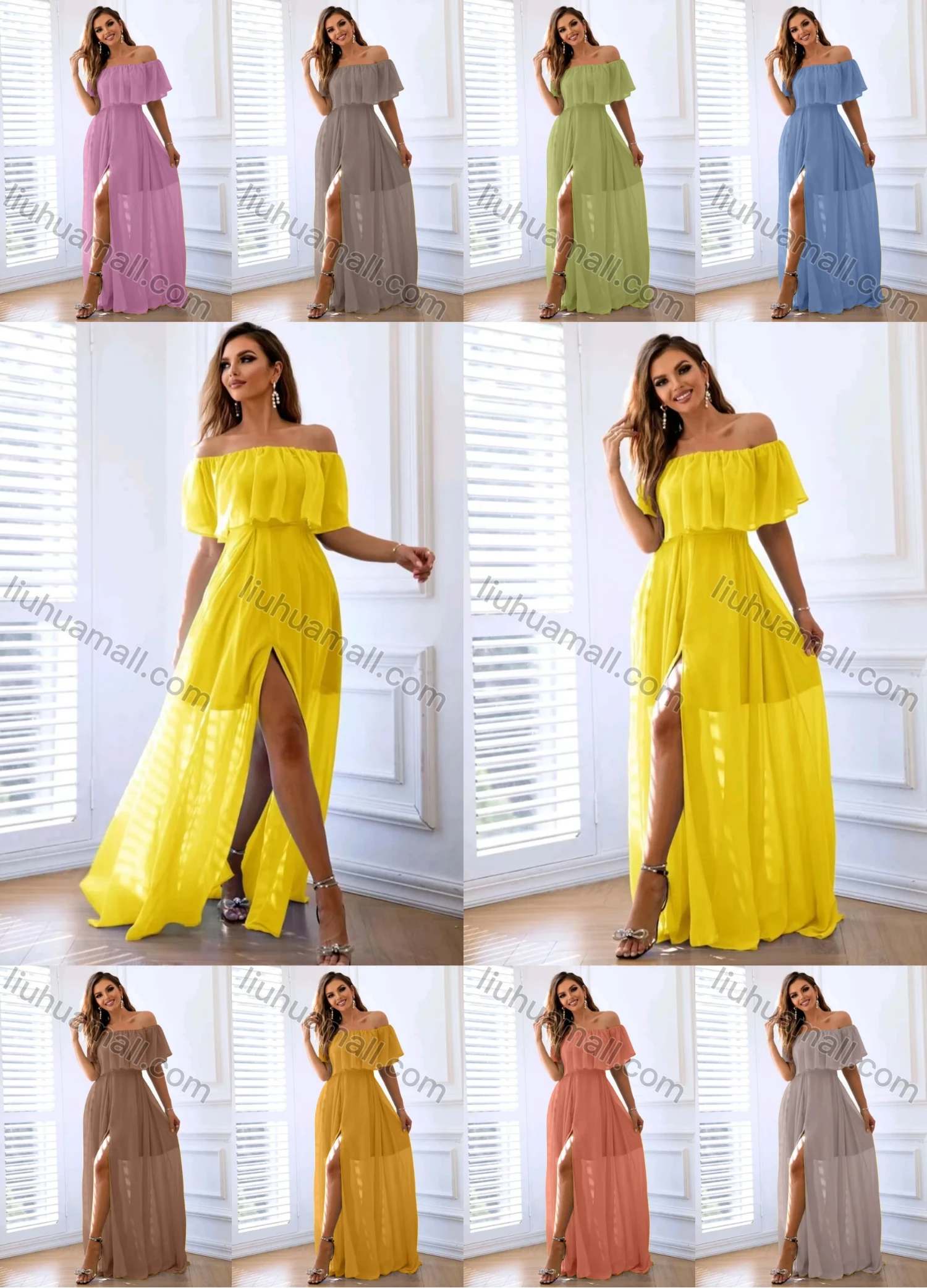 Wholesale Women's Plain Off Shoulder Split Ruffle Trim Floor Length Cocktail Dress - Liuhuamall