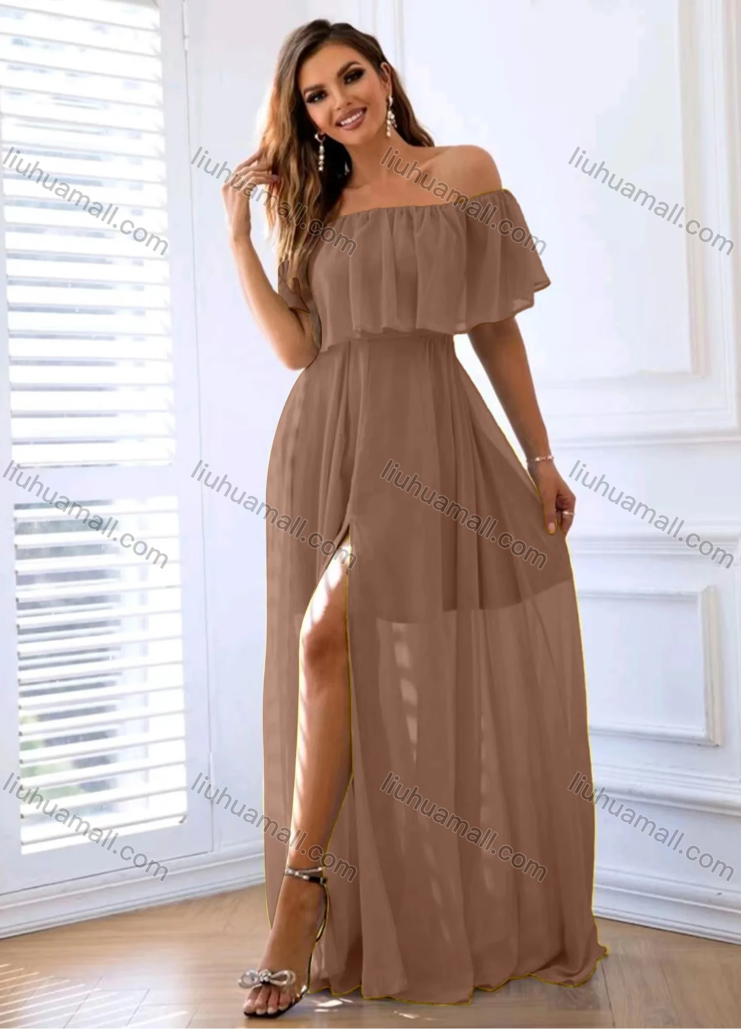 Wholesale Women's Plain Off Shoulder Split Ruffle Trim Floor Length Cocktail Dress - Liuhuamall