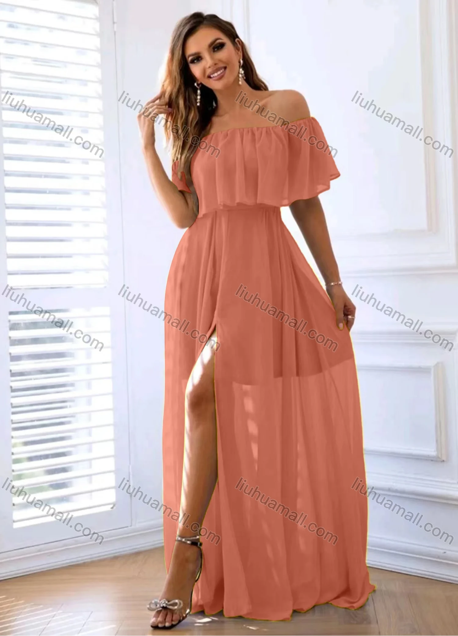 Wholesale Women's Plain Off Shoulder Split Ruffle Trim Floor Length Cocktail Dress - Liuhuamall