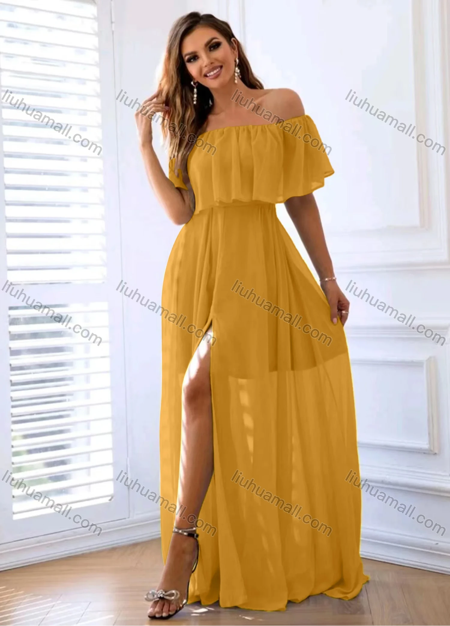 Wholesale Women's Plain Off Shoulder Split Ruffle Trim Floor Length Cocktail Dress - Liuhuamall