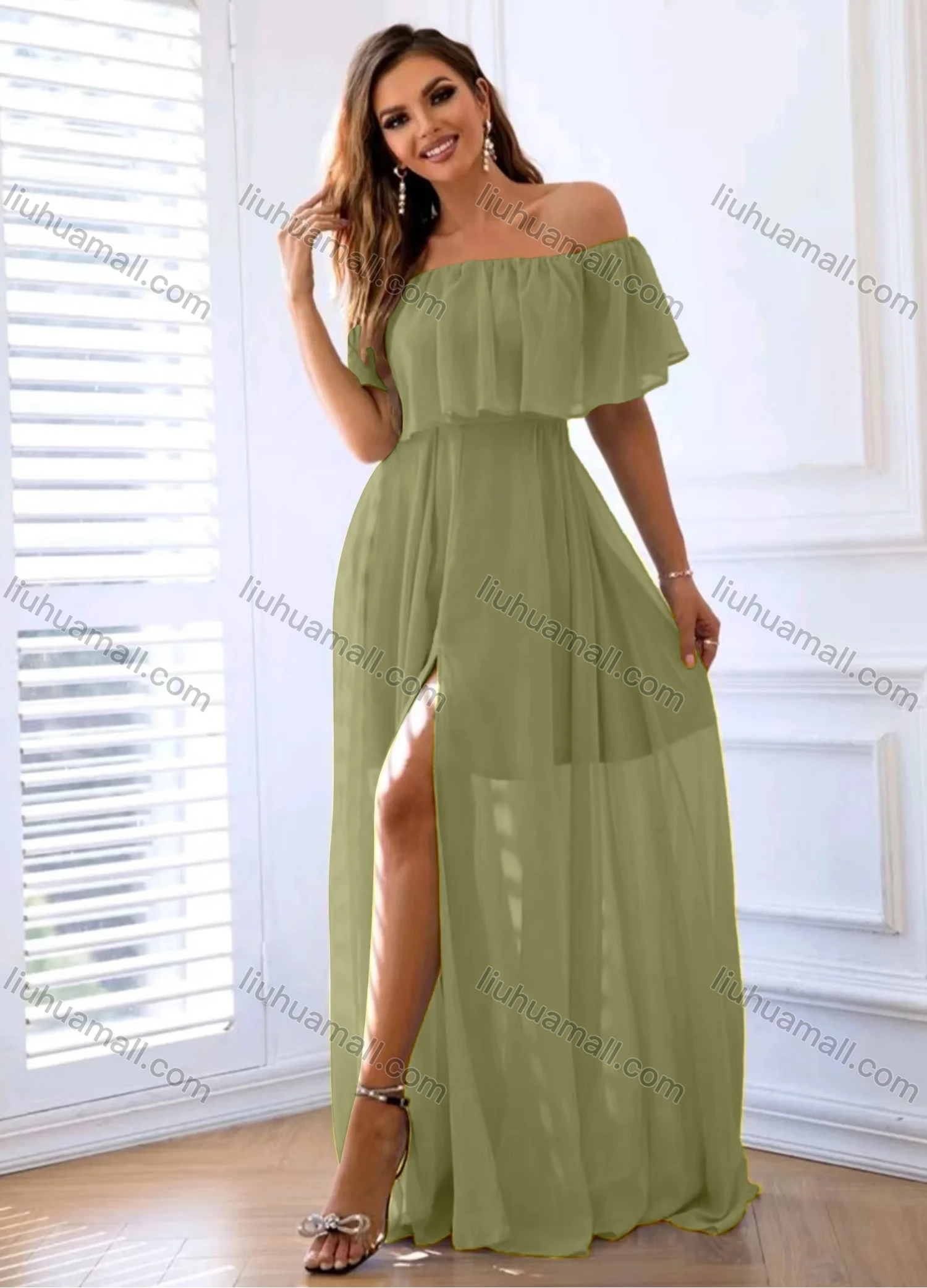 Wholesale Women's Plain Off Shoulder Split Ruffle Trim Floor Length Cocktail Dress - Liuhuamall