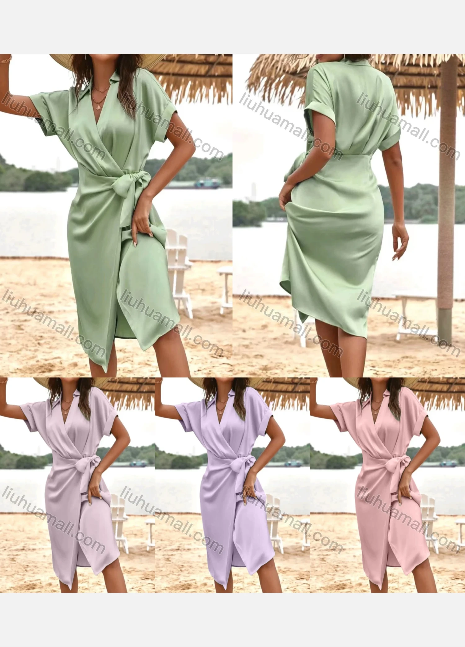 Wholesale Women's Casual Plain Wrap Short Sleeve Ruched Wrap Hem Midi Dress - Liuhuamall