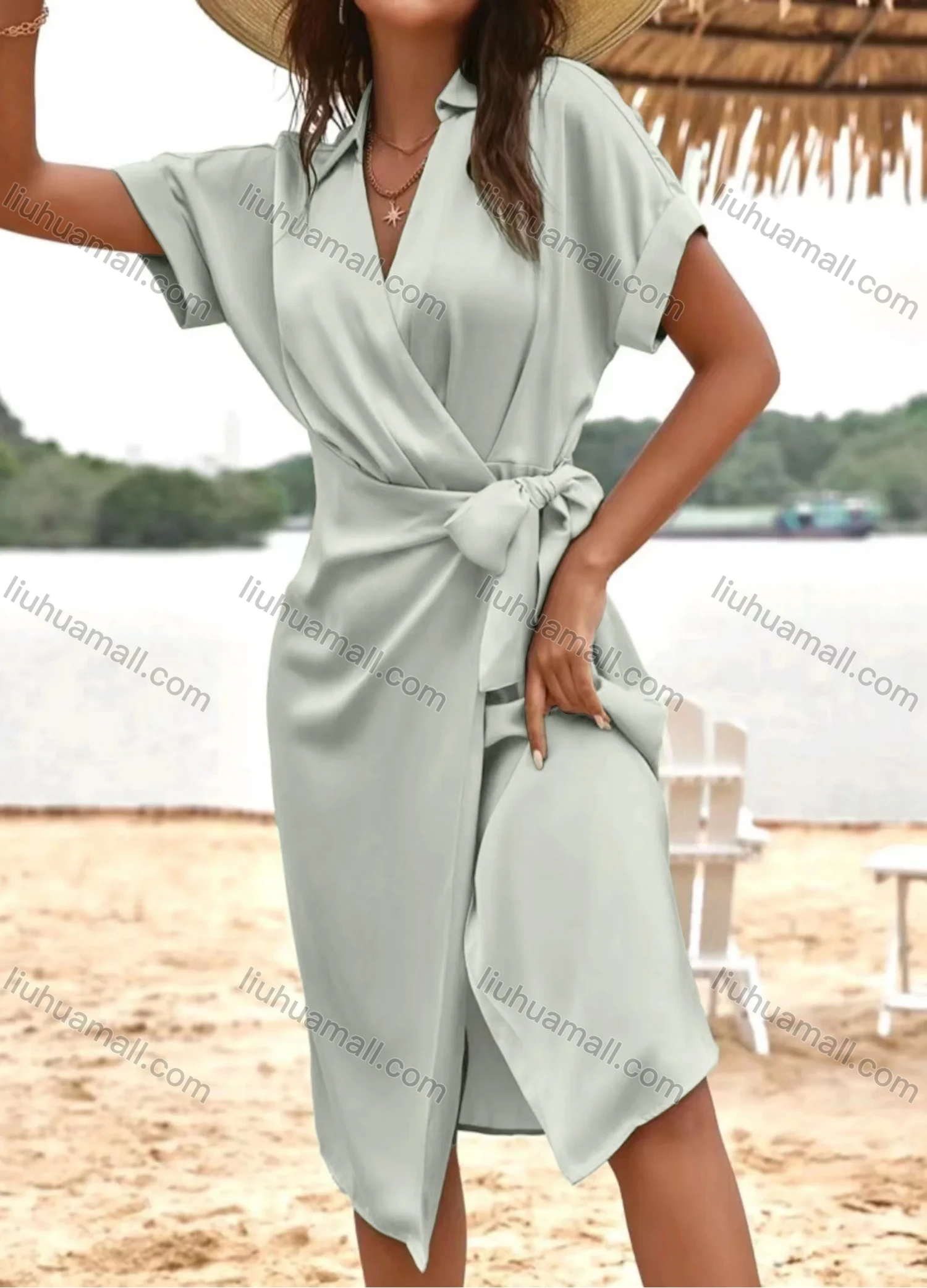 Wholesale Women's Casual Plain Wrap Short Sleeve Ruched Wrap Hem Midi Dress - Liuhuamall