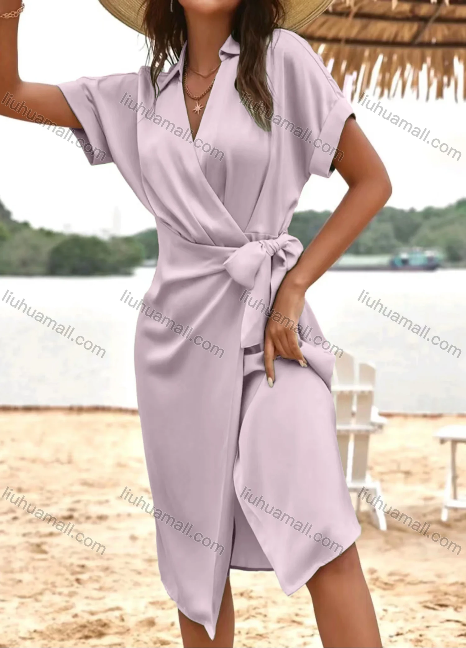 Wholesale Women's Casual Plain Wrap Short Sleeve Ruched Wrap Hem Midi Dress - Liuhuamall