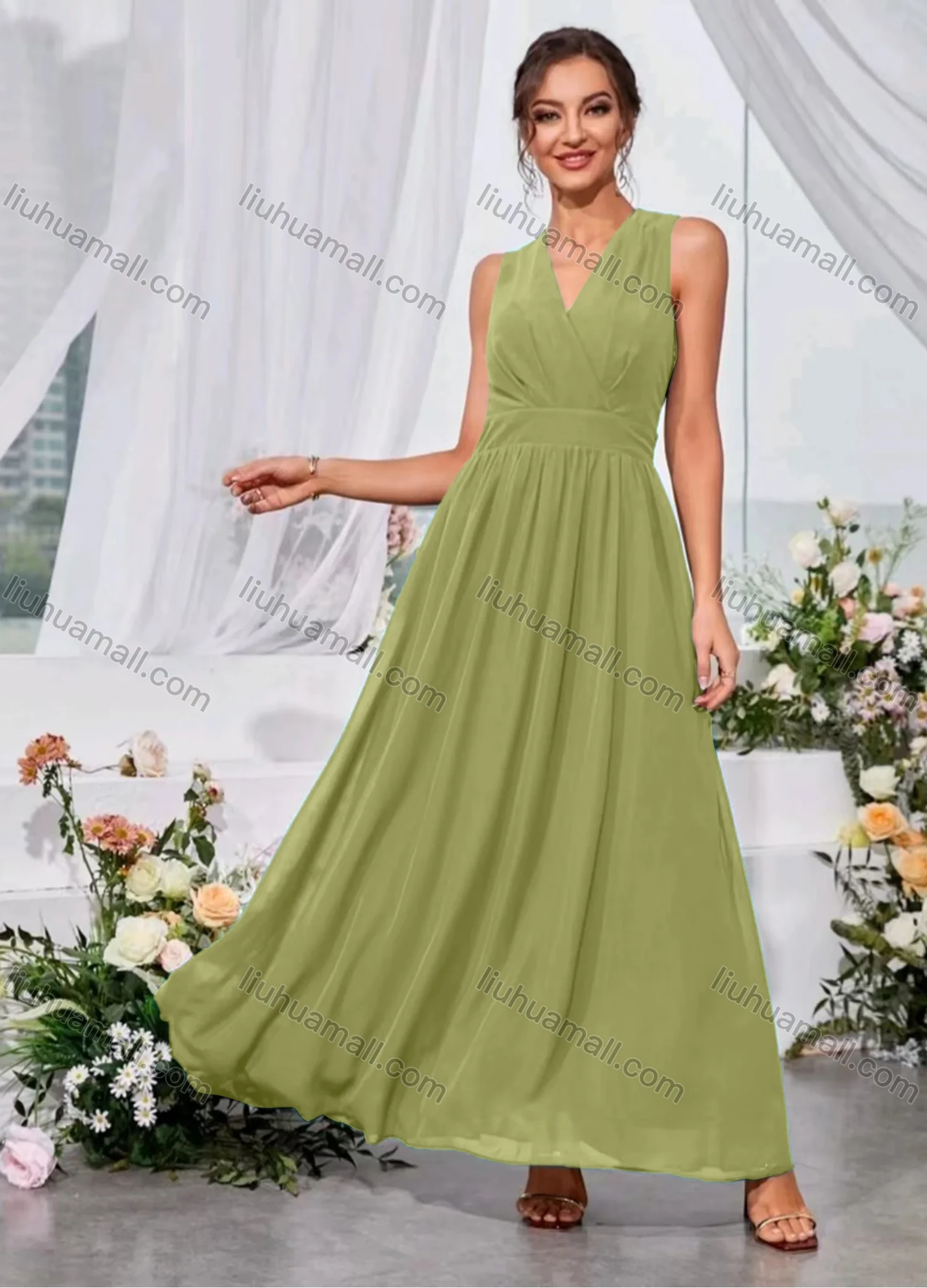Wholesale Women's Casual Wrap V Neck Plain Ruched Maxi Tank Dress - Liuhuamall