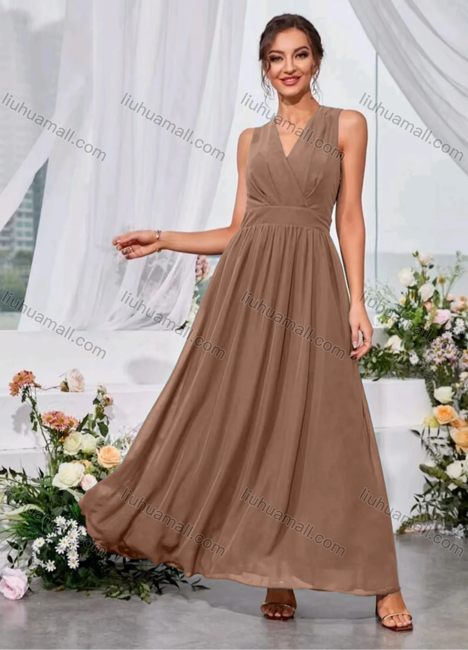 Wholesale Women's Casual Wrap V Neck Plain Ruched Maxi Tank Dress - Liuhuamall