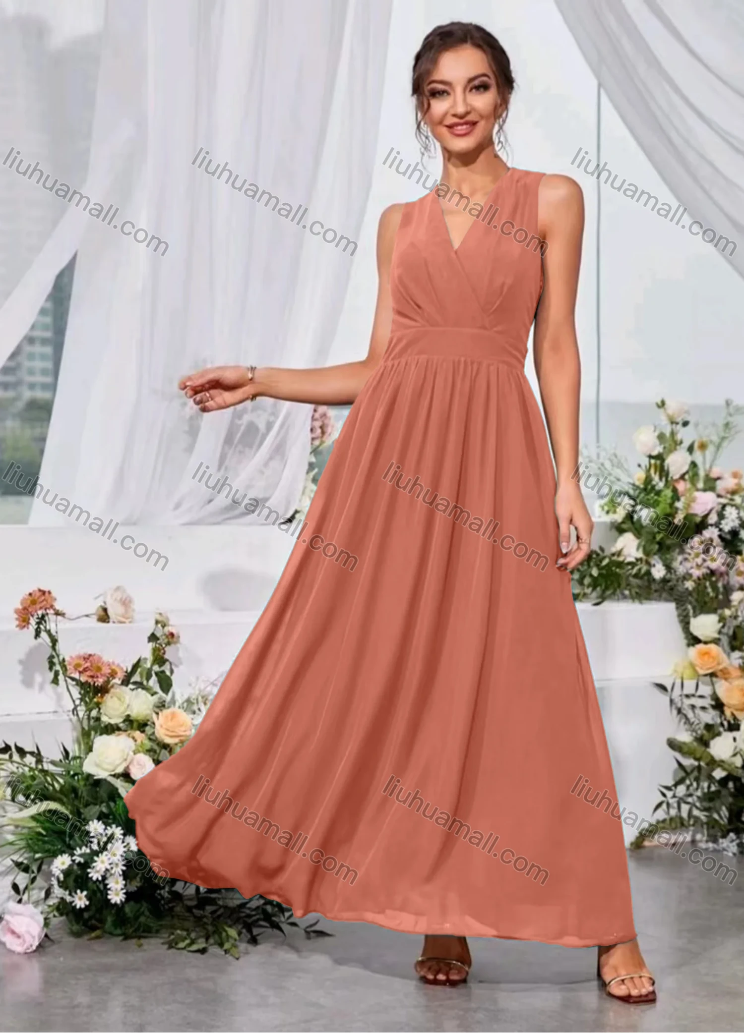 Wholesale Women's Casual Wrap V Neck Plain Ruched Maxi Tank Dress - Liuhuamall