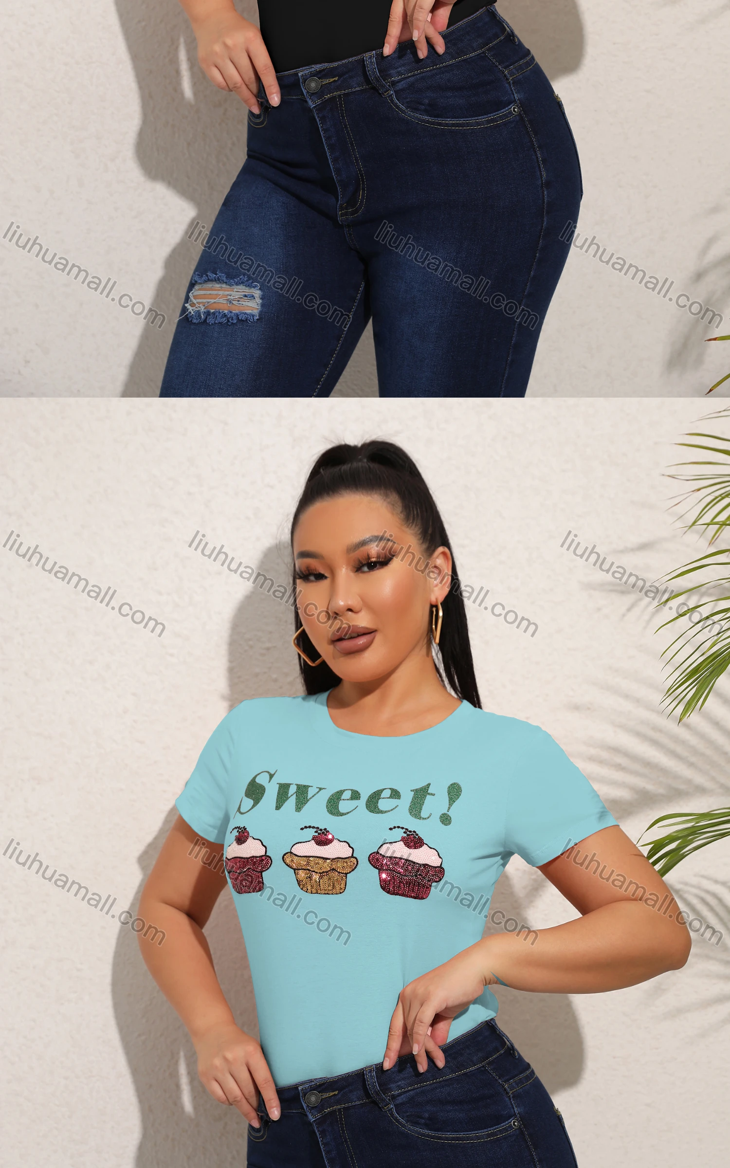 Wholesale Women's Casual Crew Neck Short Sleeve Graphic Slim Fit T-shirt - Liuhuamall