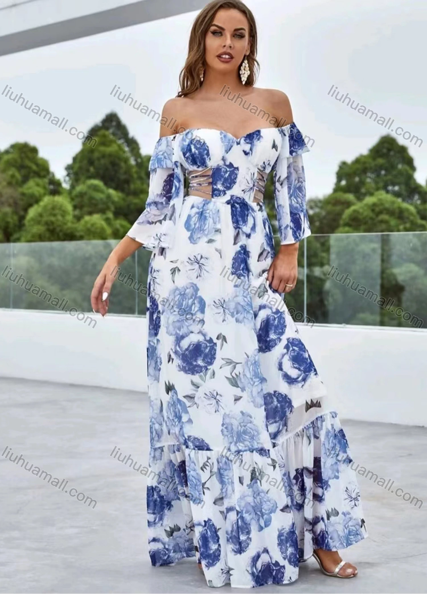 Wholesale Women's Sexy Floral Print Off Shoulder Ruffle Hem Cut Out Ruffle Trim Floor Length Dress - Liuhuamall
