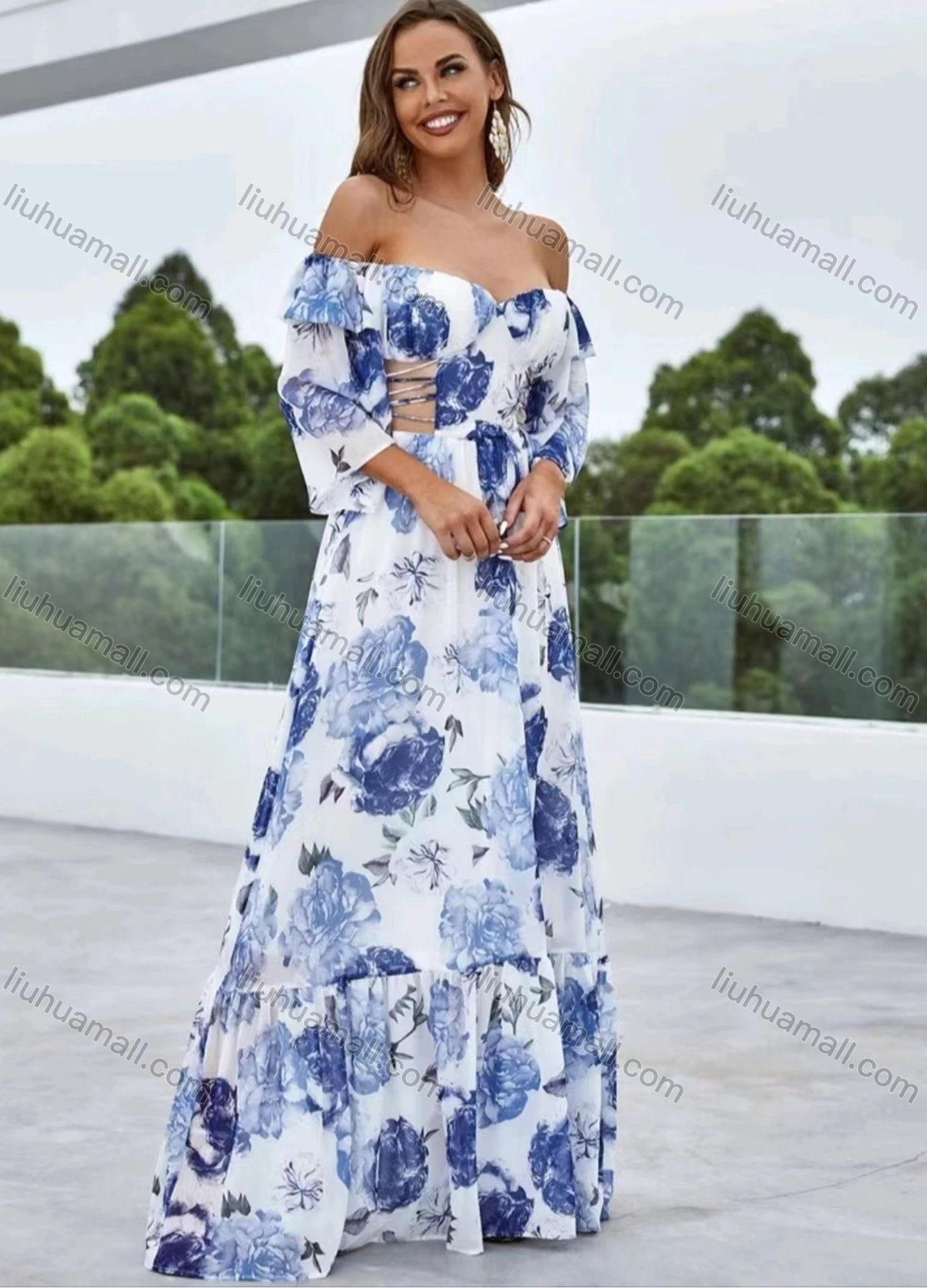 Wholesale Women's Sexy Floral Print Off Shoulder Ruffle Hem Cut Out Ruffle Trim Floor Length Dress - Liuhuamall