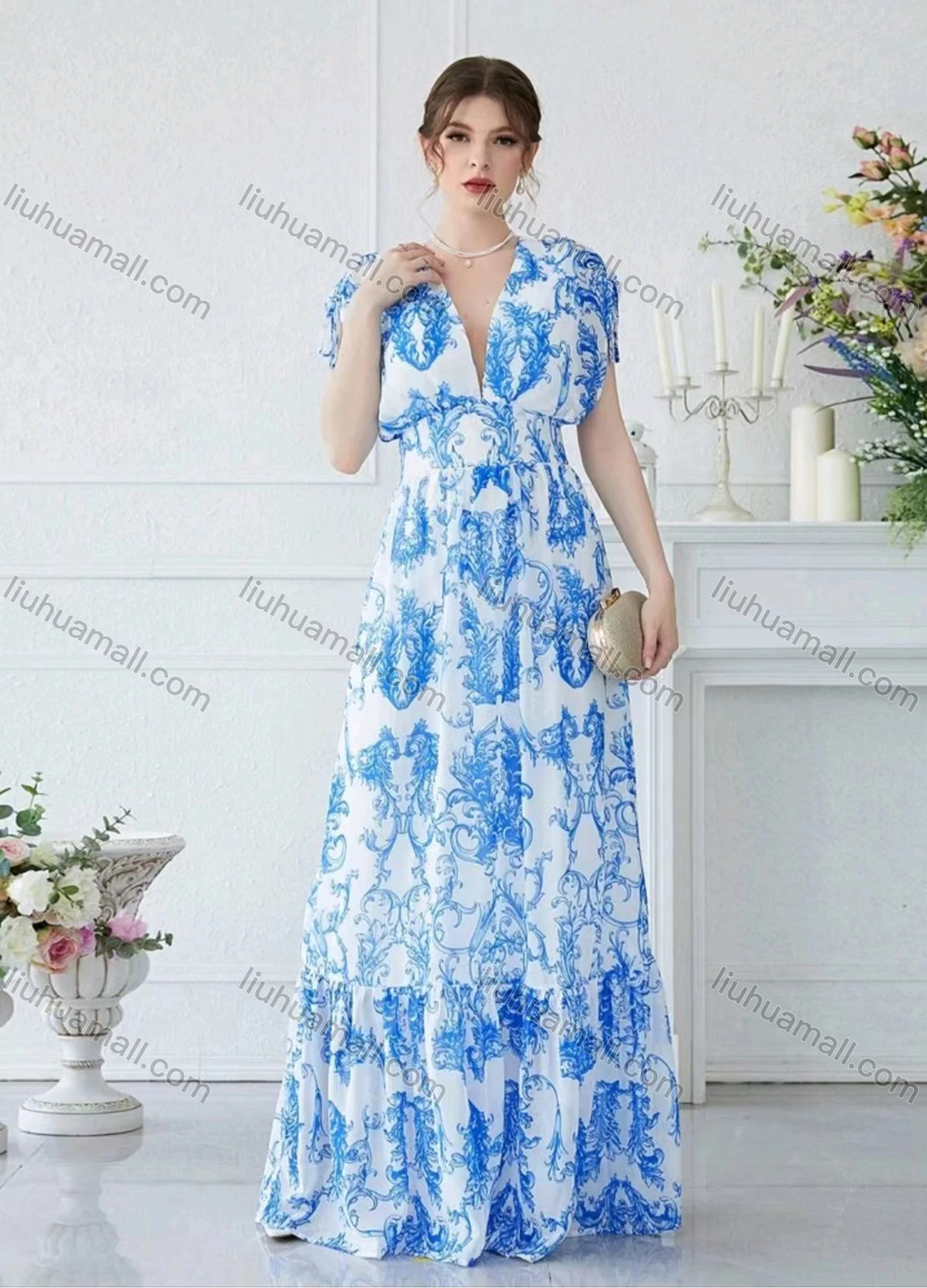 Wholesale Women's Floral Print V Neck High Waist Floor Length Cocktail Tank Dress - Liuhuamall