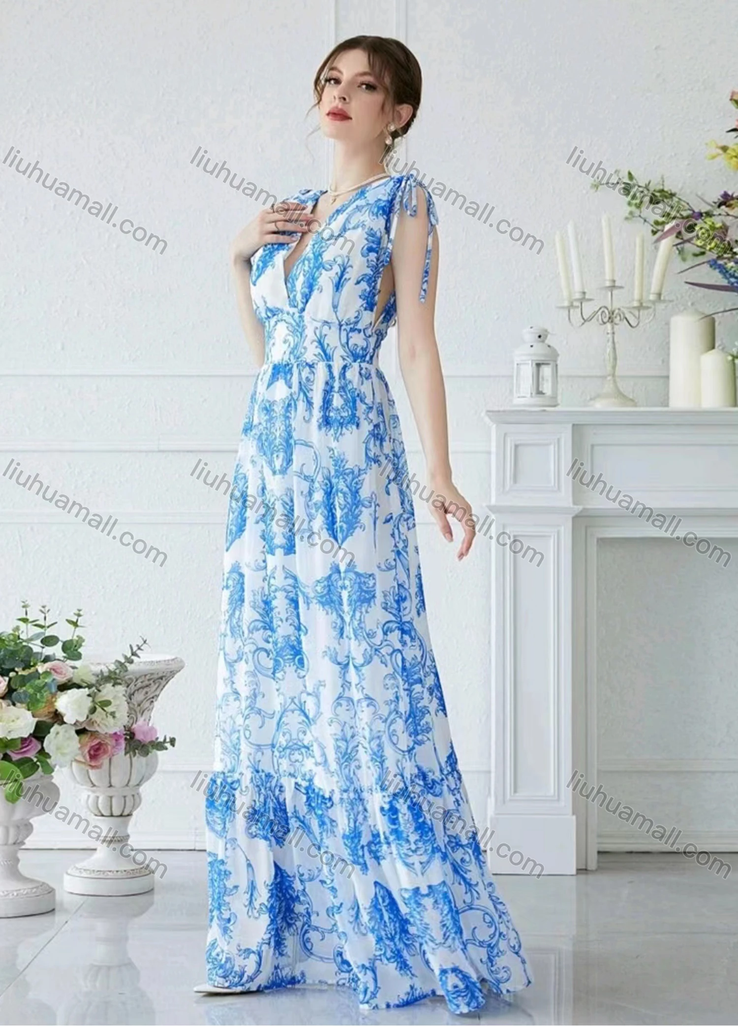 Wholesale Women's Floral Print V Neck High Waist Floor Length Cocktail Tank Dress - Liuhuamall