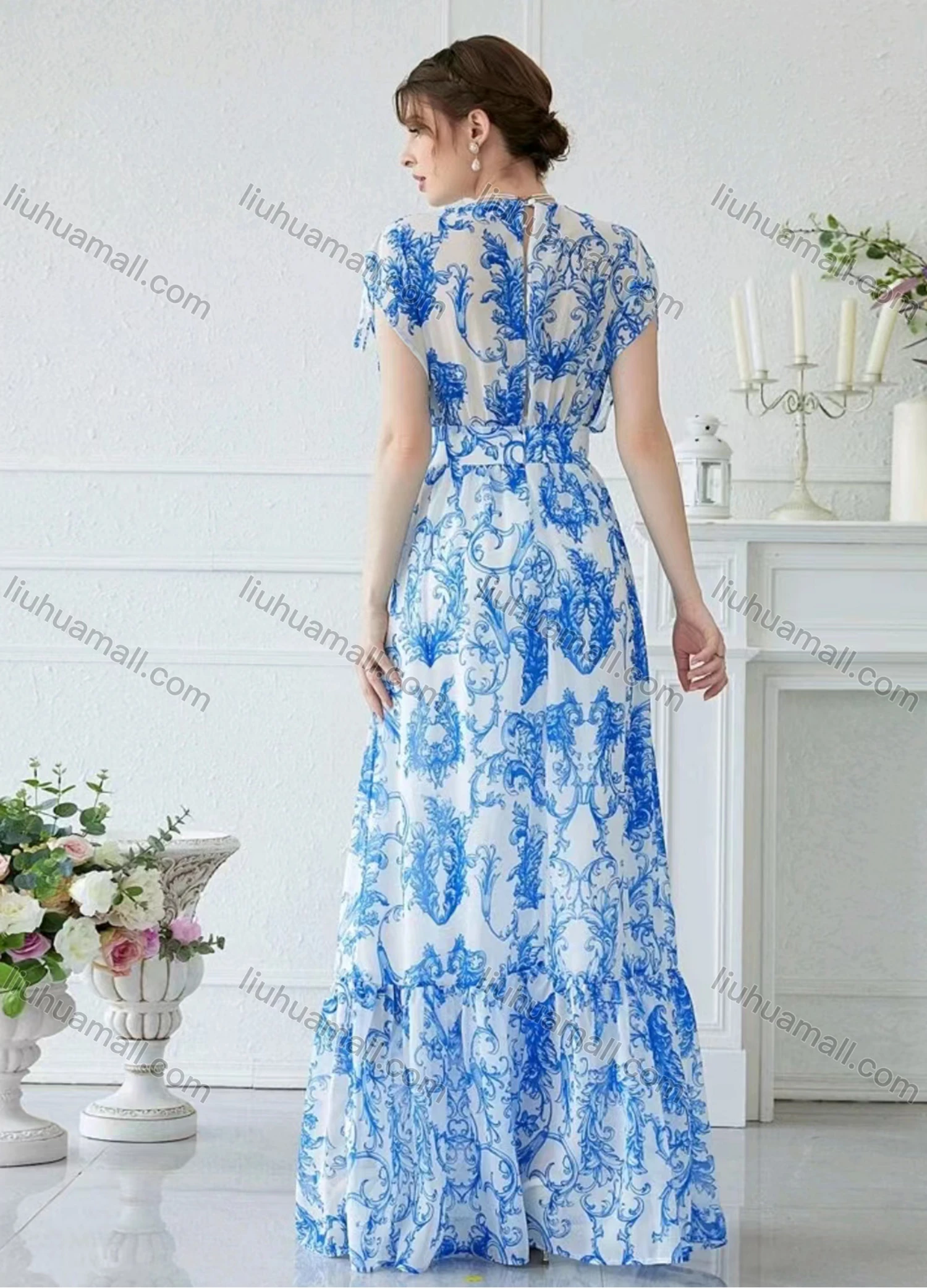 Wholesale Women's Floral Print V Neck High Waist Floor Length Cocktail Tank Dress - Liuhuamall