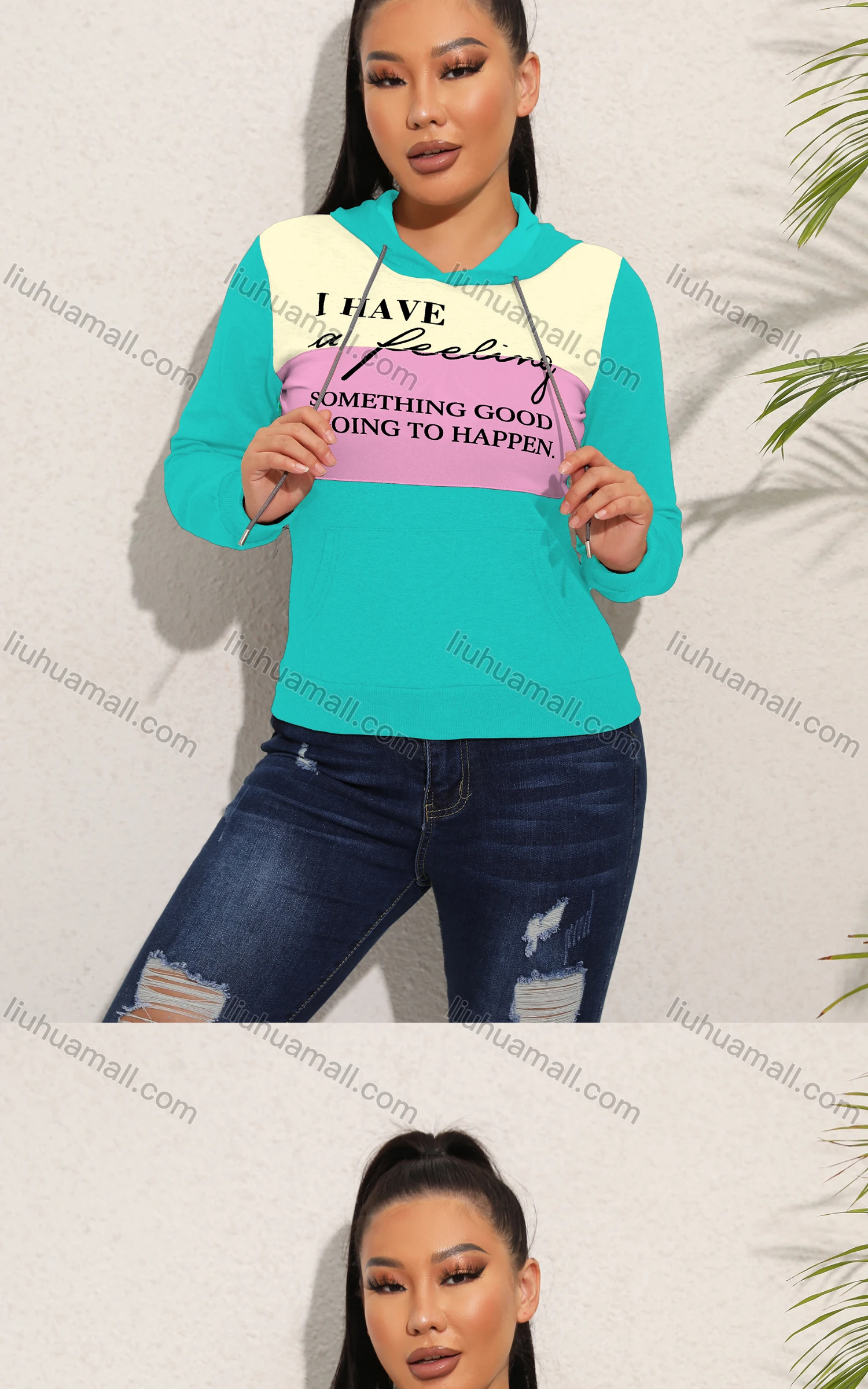 Wholesale Women's Casual Hooded Kangaroo Pocket Colorblock Letter Hoodies - Liuhuamall