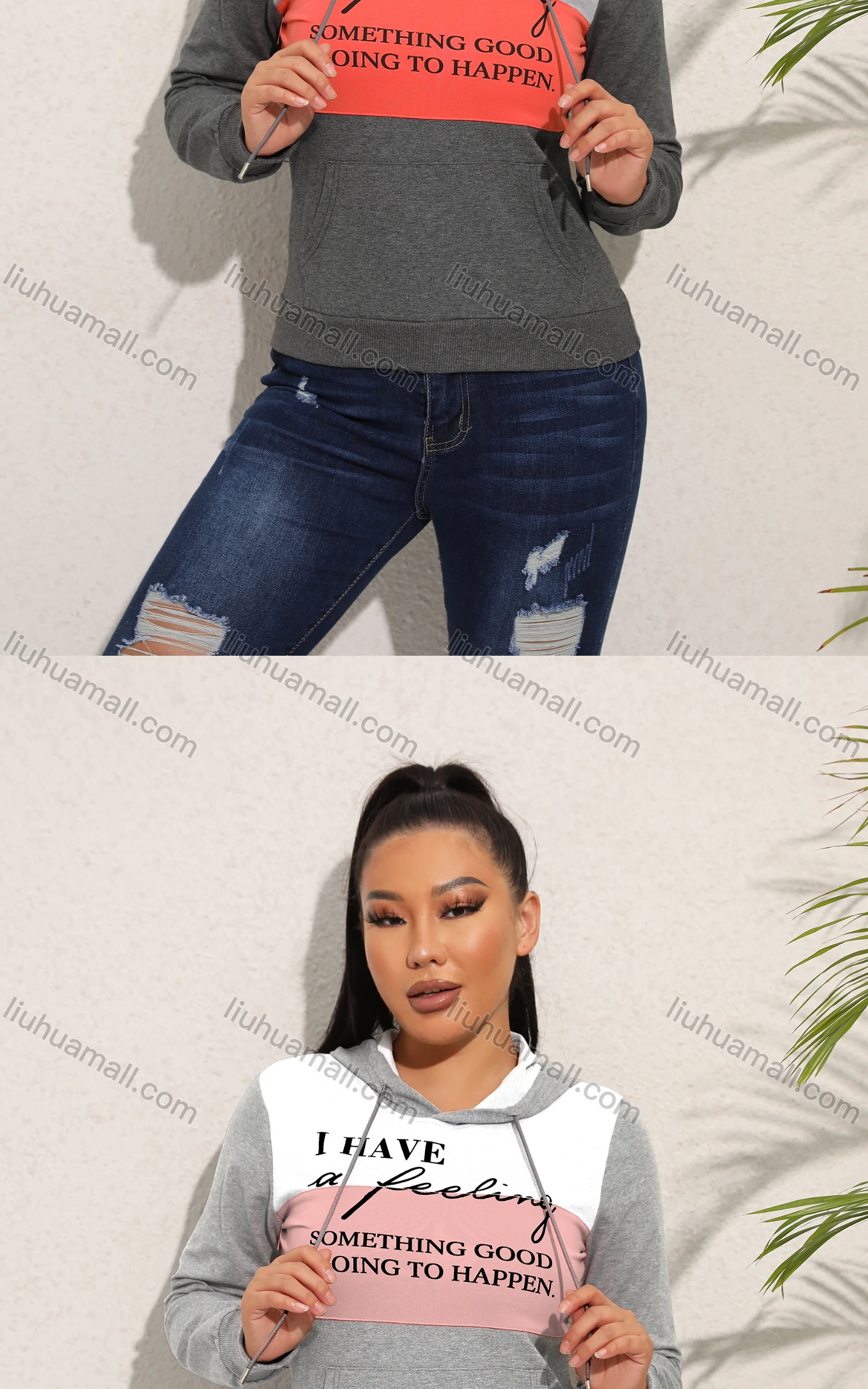 Wholesale Women's Casual Hooded Kangaroo Pocket Colorblock Letter Hoodies - Liuhuamall