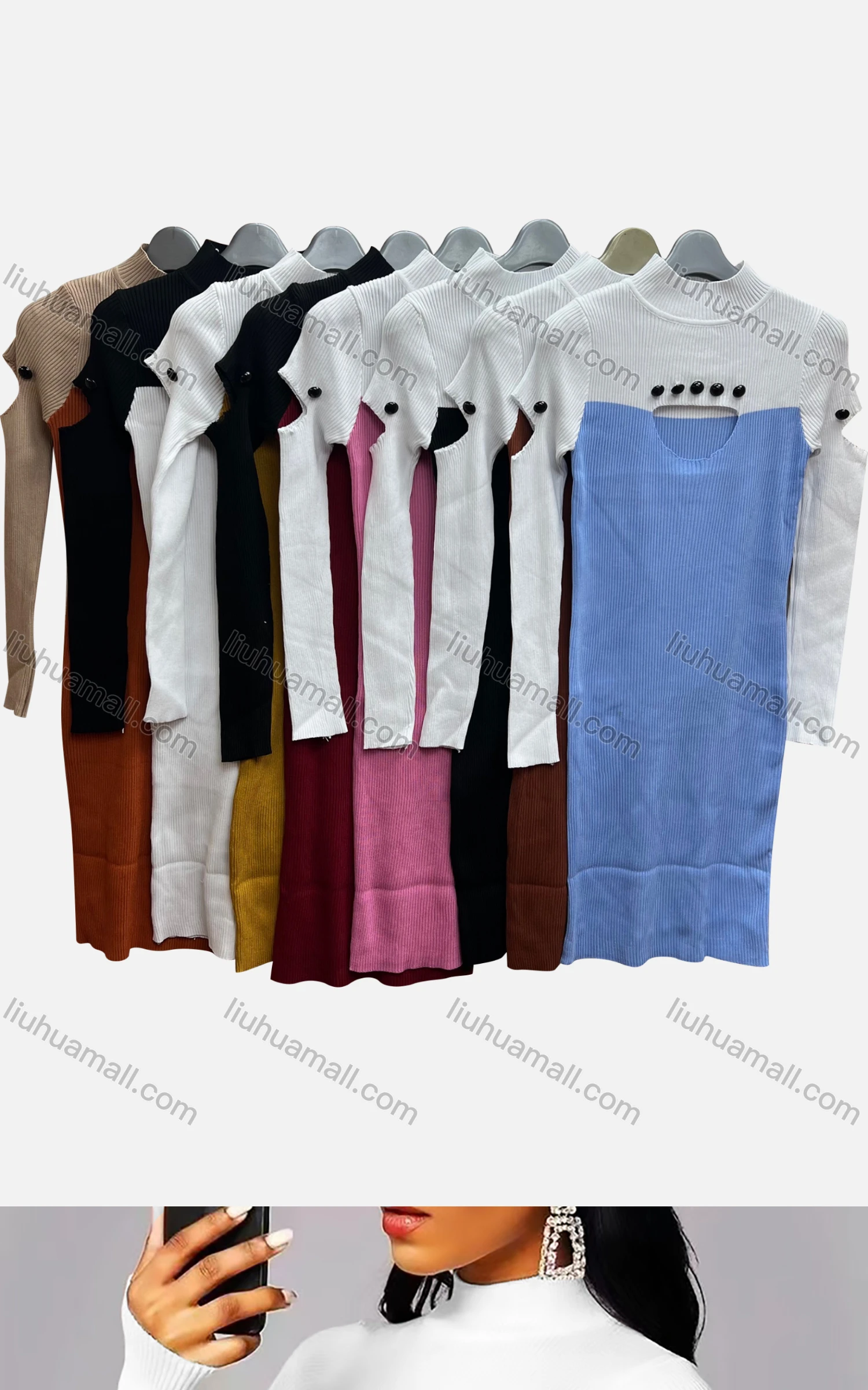 Wholesale Women's Sexy Bodycon Mock Neck Colorblock Cutout Button Decro Club Dress - Liuhuamall