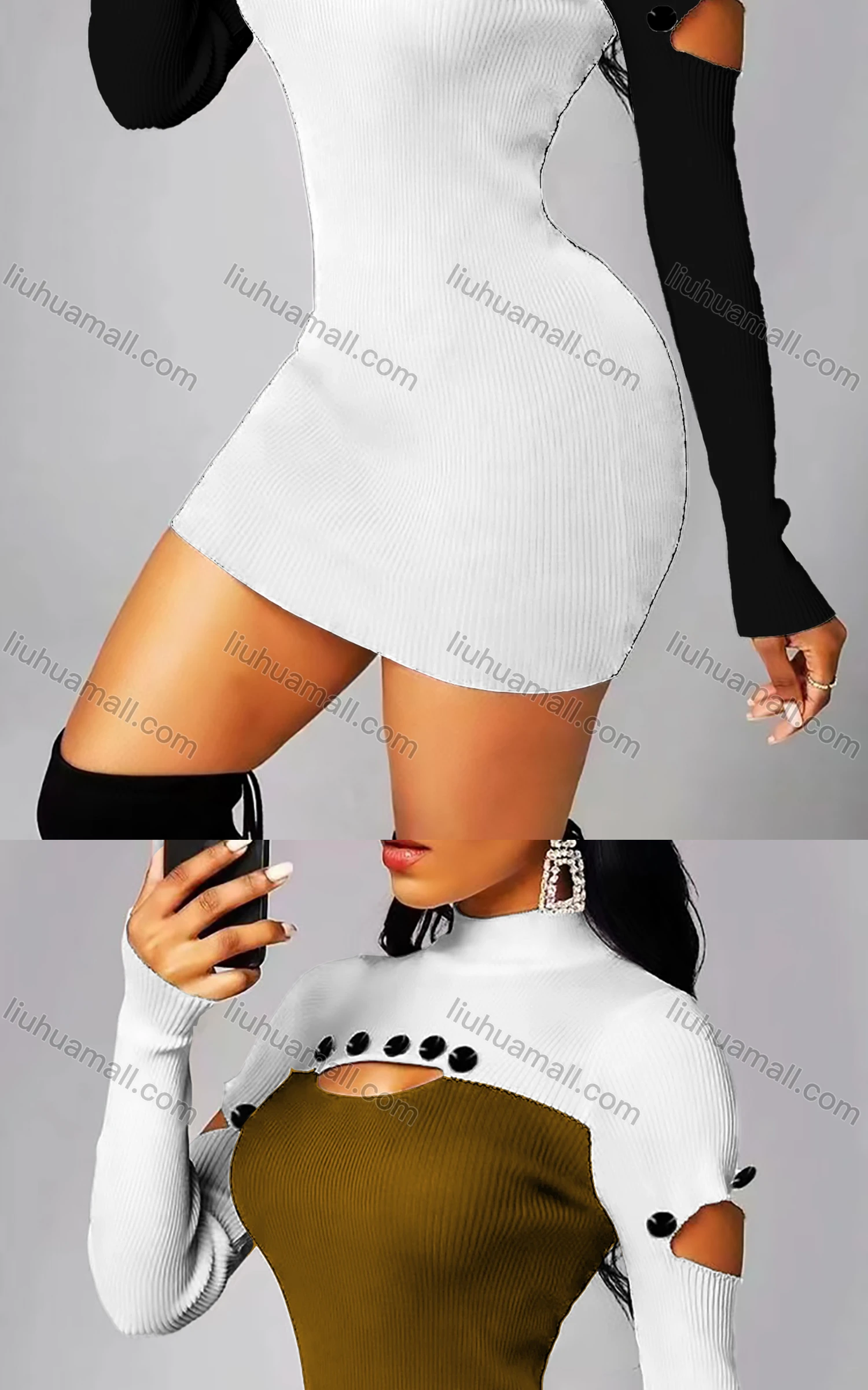 Wholesale Women's Sexy Bodycon Mock Neck Colorblock Cutout Button Decro Club Dress - Liuhuamall