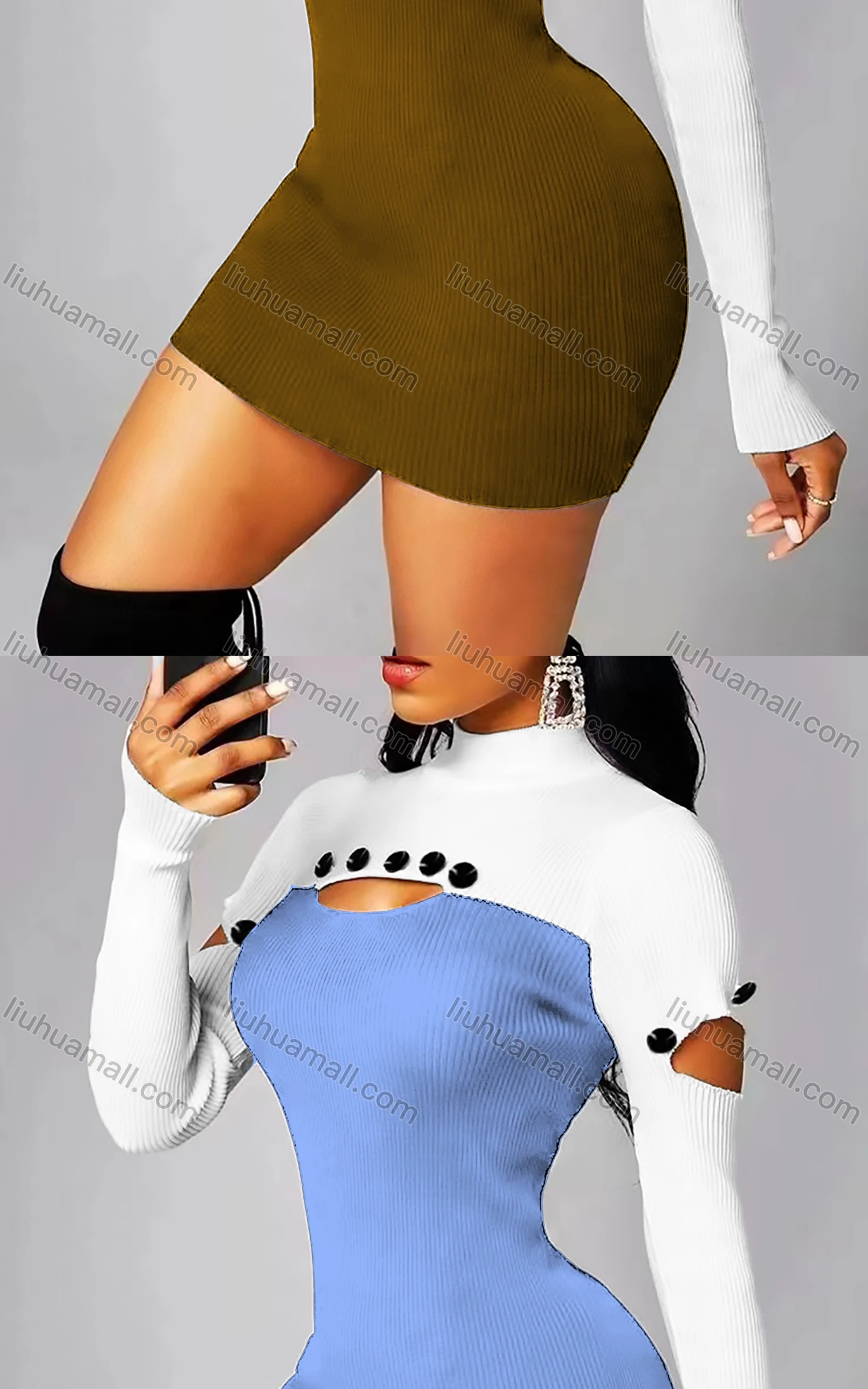 Wholesale Women's Sexy Bodycon Mock Neck Colorblock Cutout Button Decro Club Dress - Liuhuamall