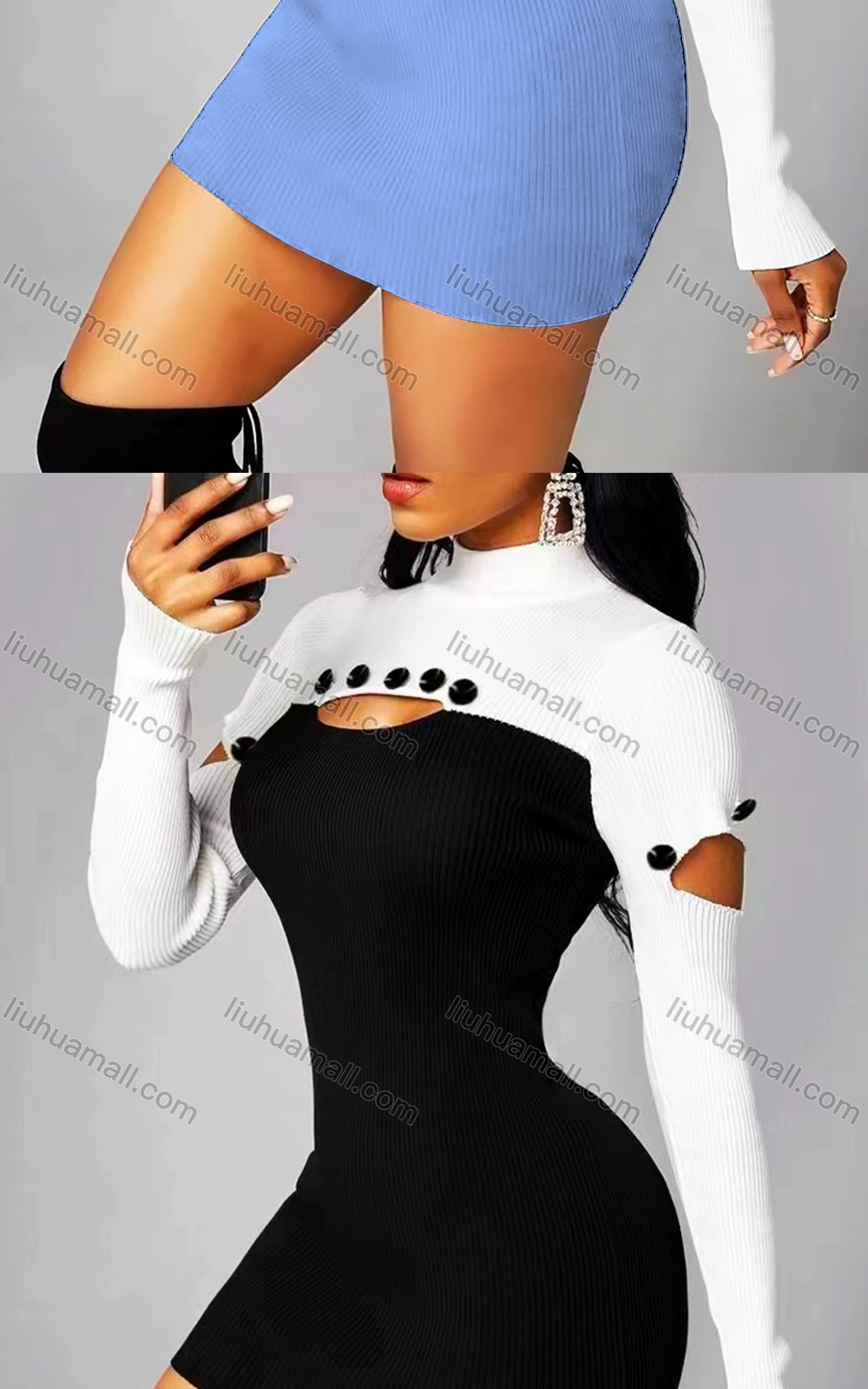 Wholesale Women's Sexy Bodycon Mock Neck Colorblock Cutout Button Decro Club Dress - Liuhuamall