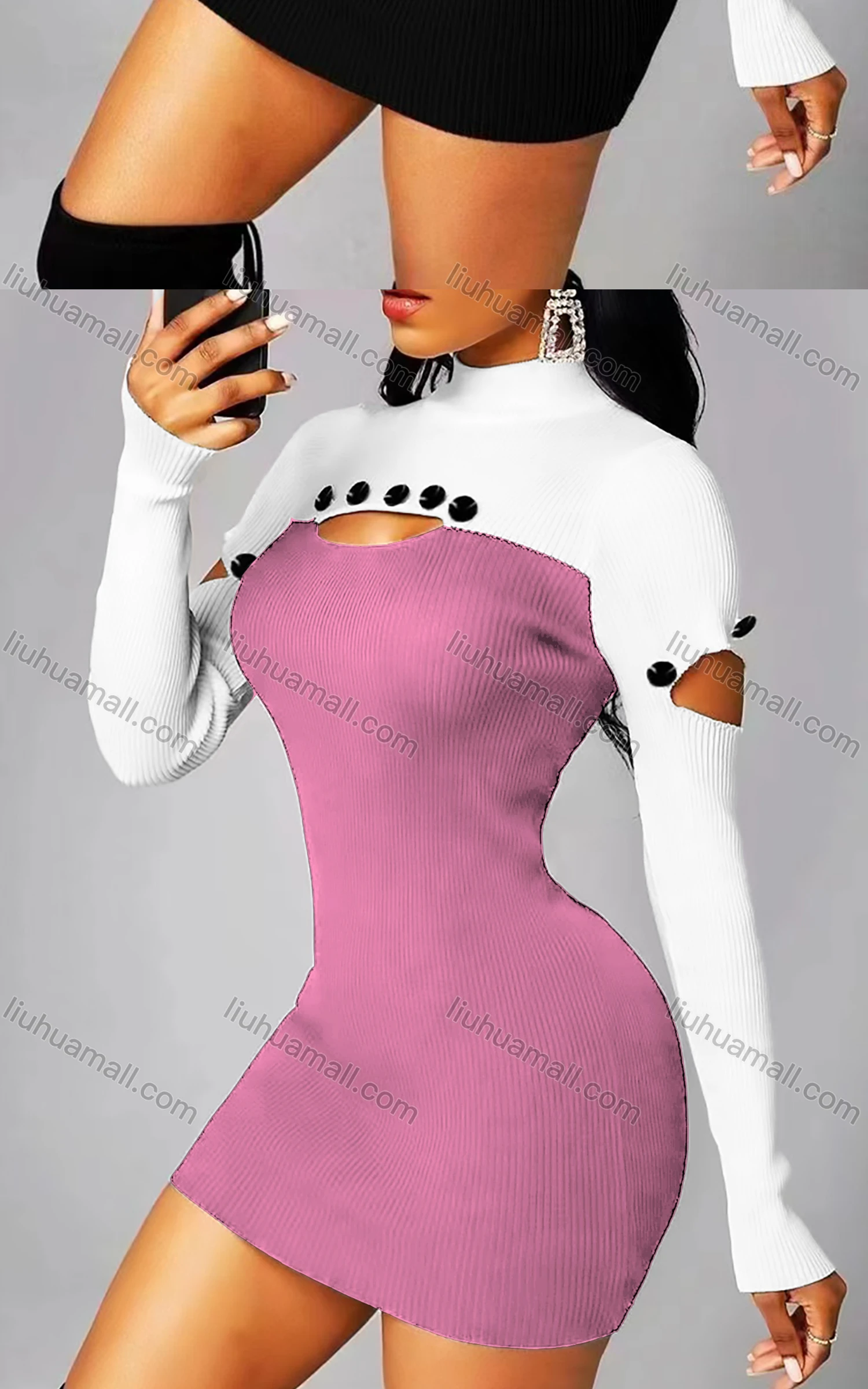 Wholesale Women's Sexy Bodycon Mock Neck Colorblock Cutout Button Decro Club Dress - Liuhuamall