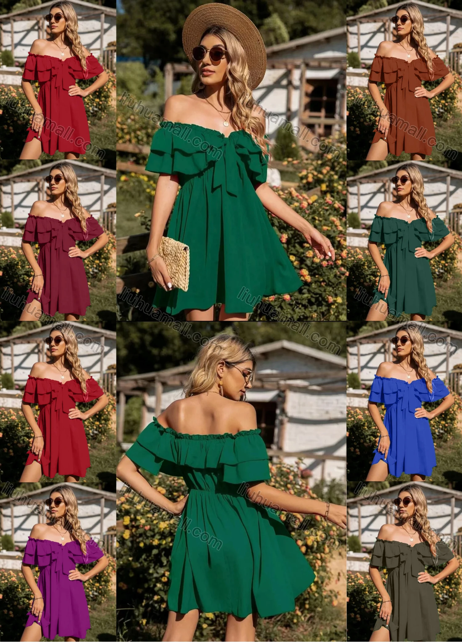 Wholesale Women's Casual Plain Off Shoulder Bow Tie High Waist Short Dress - Liuhuamall