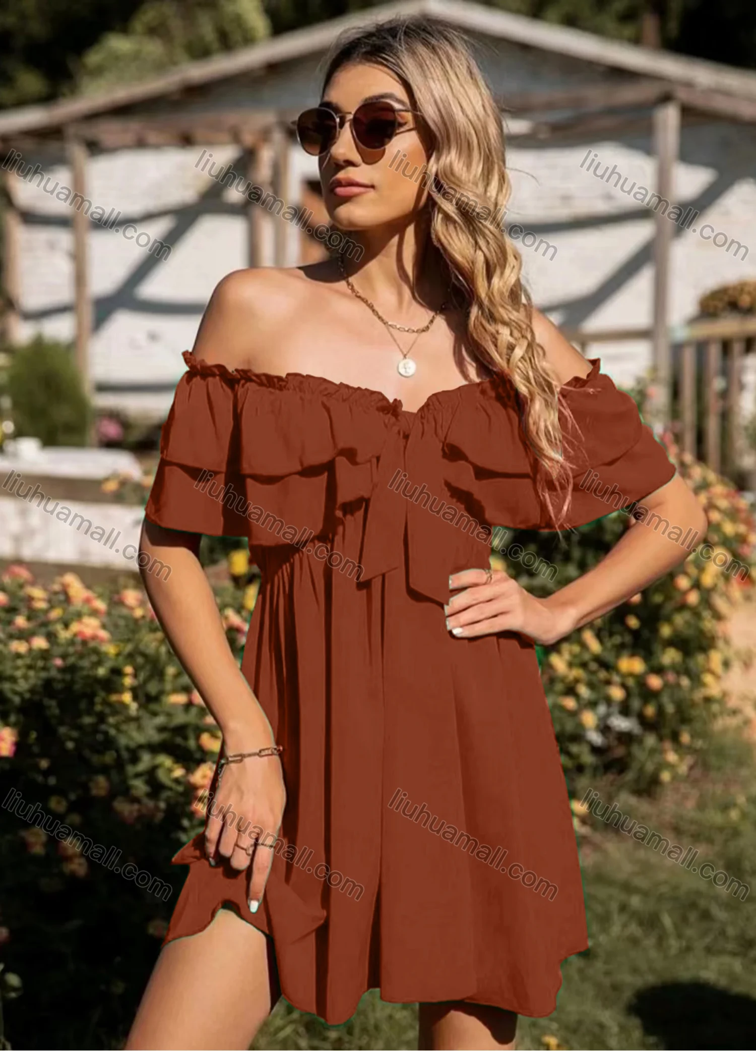 Wholesale Women's Casual Plain Off Shoulder Bow Tie High Waist Short Dress - Liuhuamall