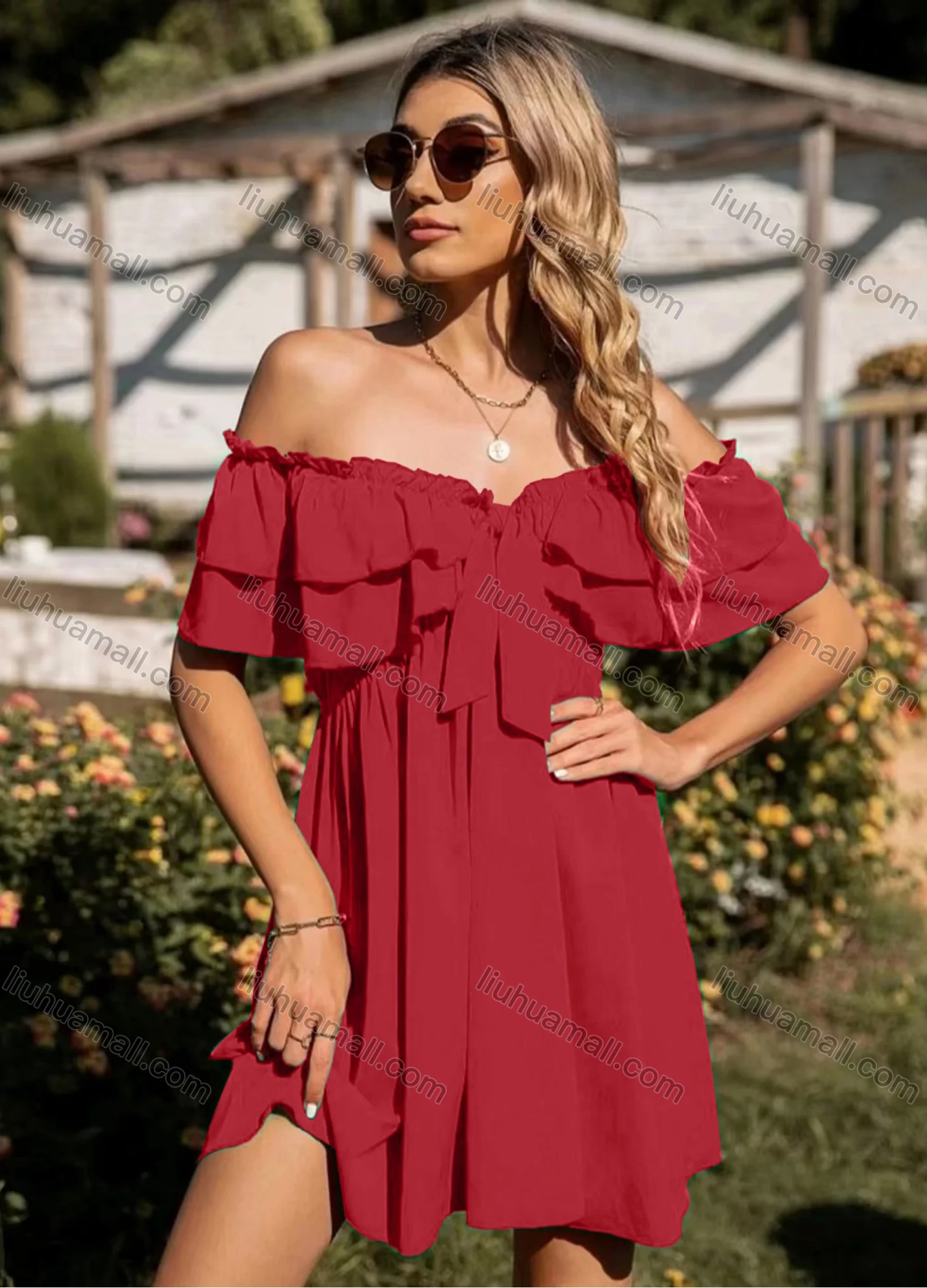 Wholesale Women's Casual Plain Off Shoulder Bow Tie High Waist Short Dress - Liuhuamall