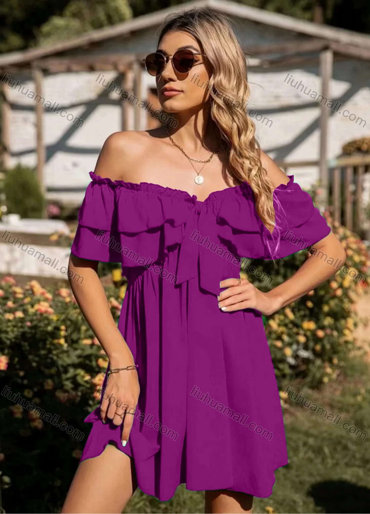 Wholesale Women's Casual Plain Off Shoulder Bow Tie High Waist Short Dress - Liuhuamall