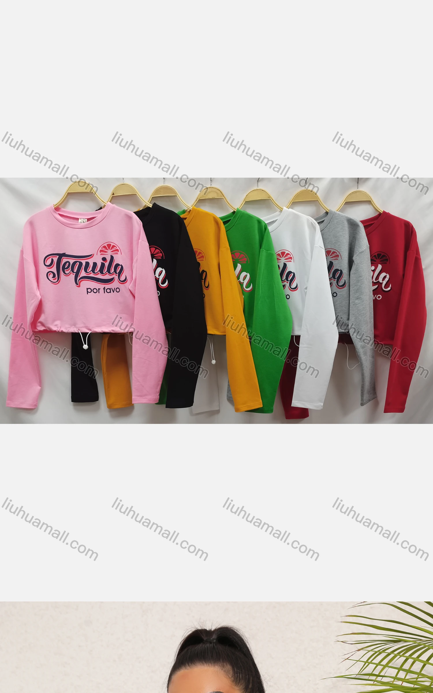 Wholesale Women's Casual Crew Neck Long Sleeve Letter Drawstring Crop Top - Liuhuamall