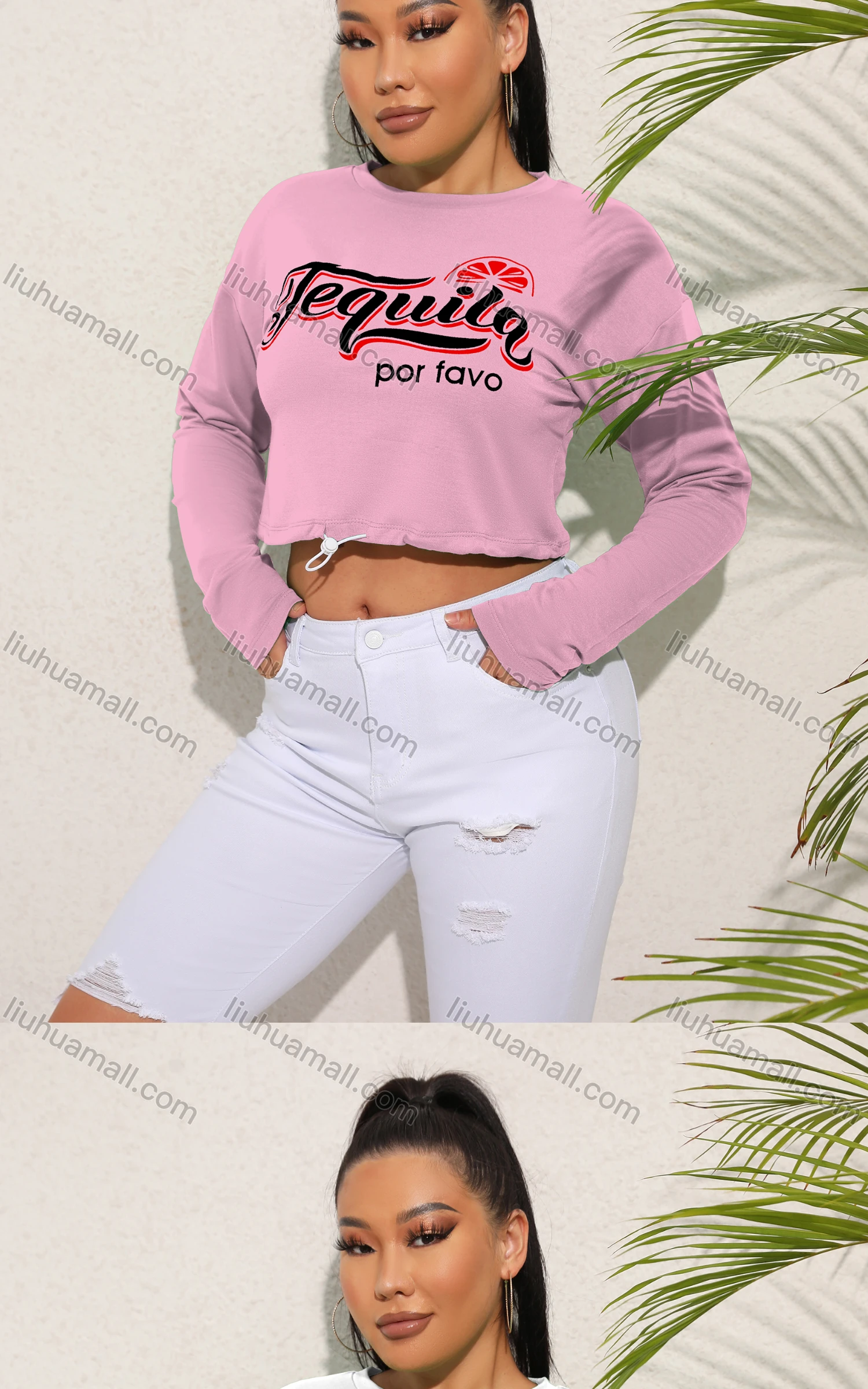 Wholesale Women's Casual Crew Neck Long Sleeve Letter Drawstring Crop Top - Liuhuamall