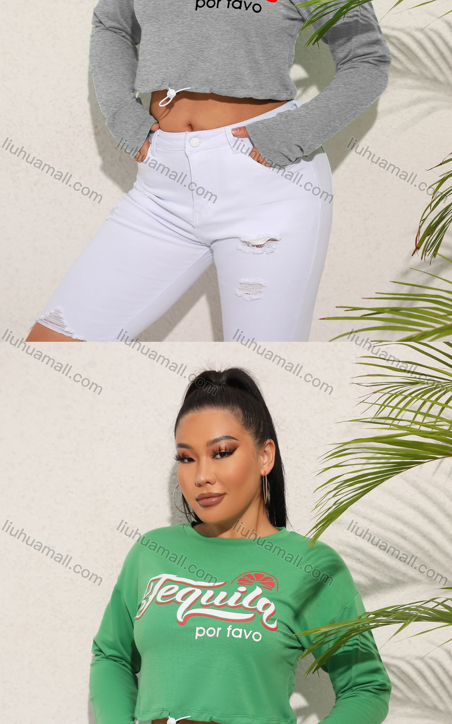 Wholesale Women's Casual Crew Neck Long Sleeve Letter Drawstring Crop Top - Liuhuamall