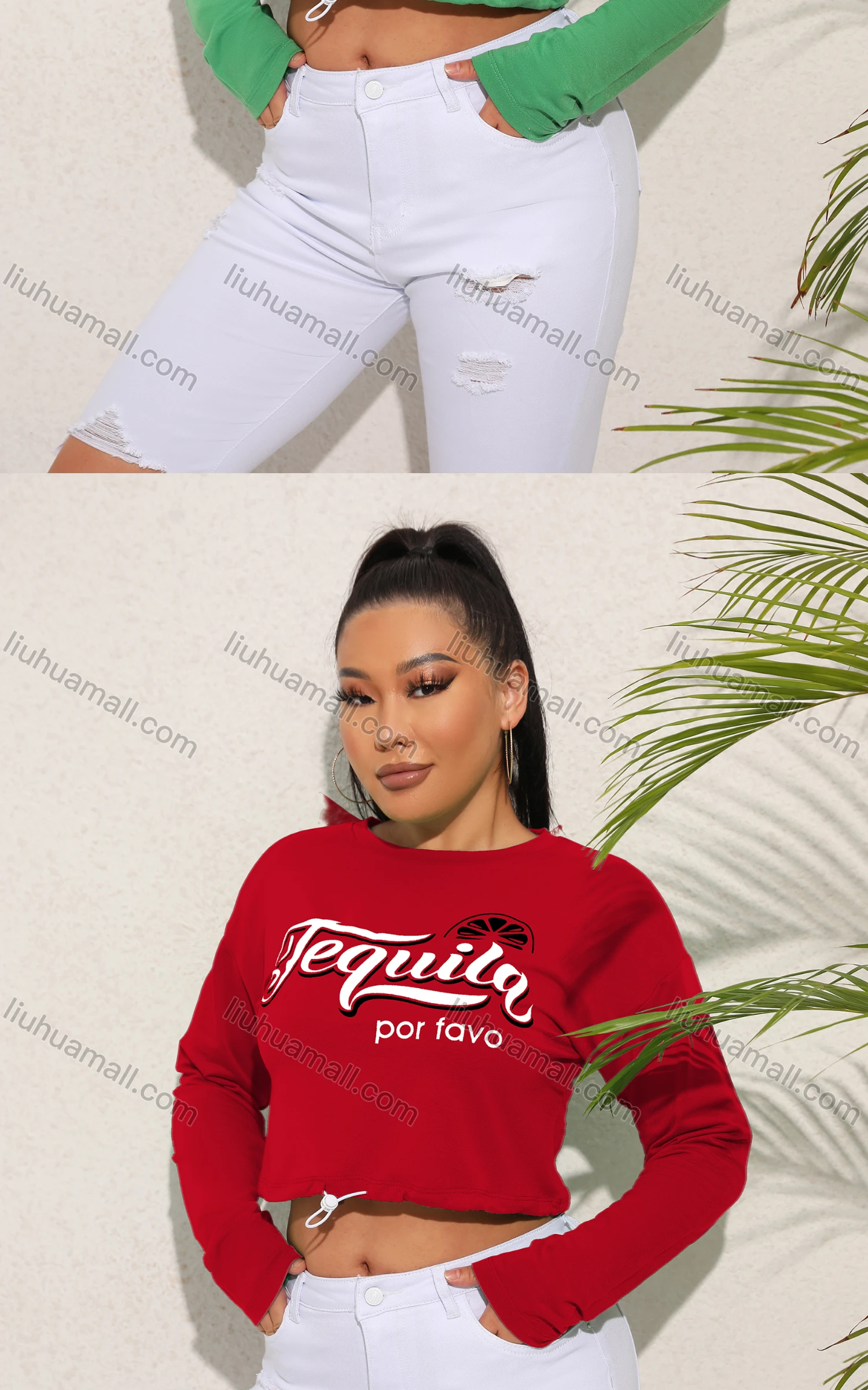 Wholesale Women's Casual Crew Neck Long Sleeve Letter Drawstring Crop Top - Liuhuamall