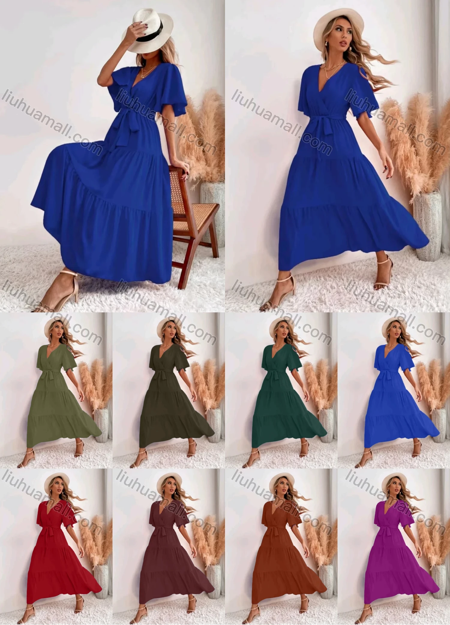 Wholesale Women's Casual Plain V Neck High Waist Ruffle Hem Maxi Dress With Belt - Liuhuamall