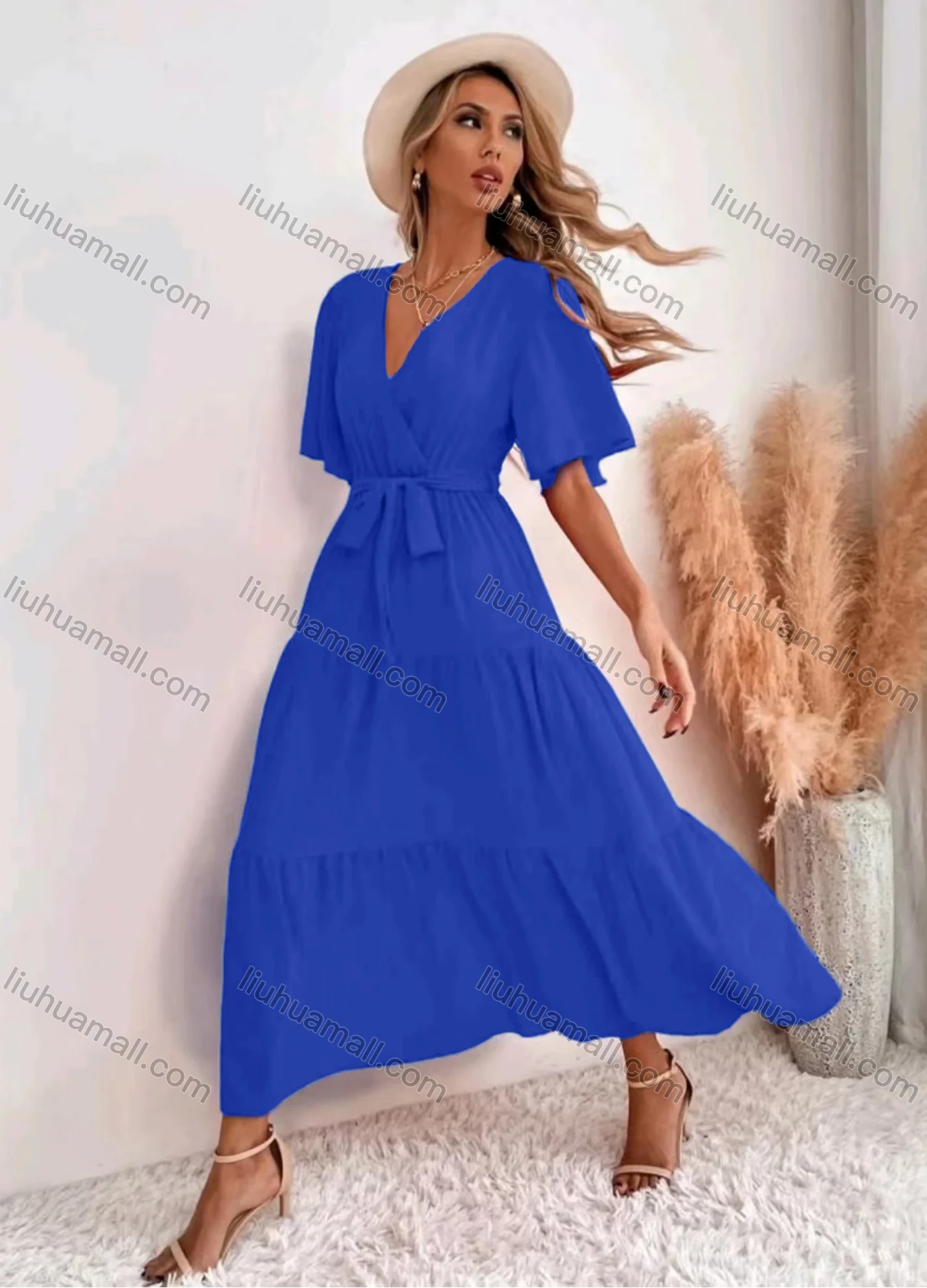Wholesale Women's Casual Plain V Neck High Waist Ruffle Hem Maxi Dress With Belt - Liuhuamall