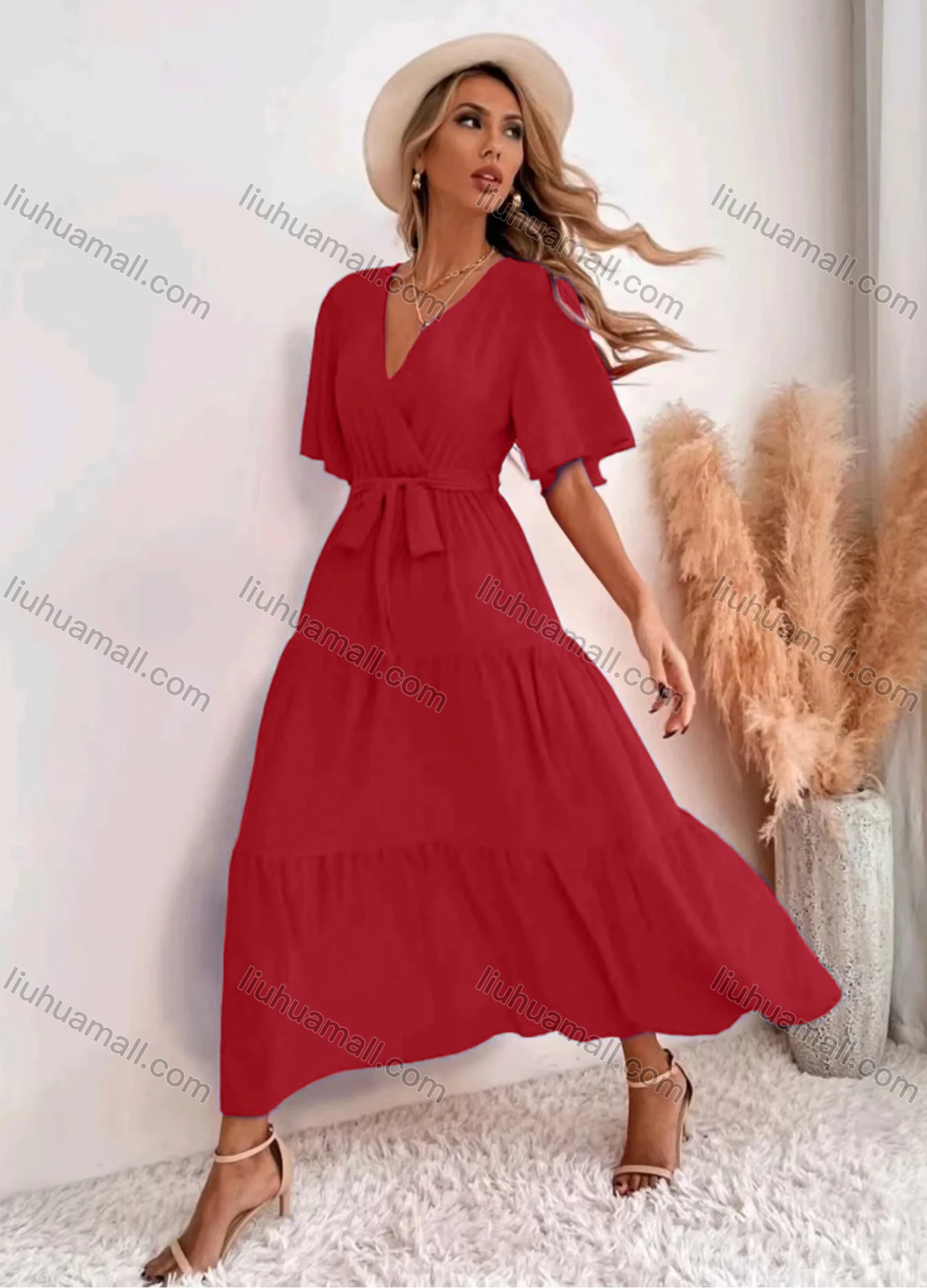 Wholesale Women's Casual Plain V Neck High Waist Ruffle Hem Maxi Dress With Belt - Liuhuamall