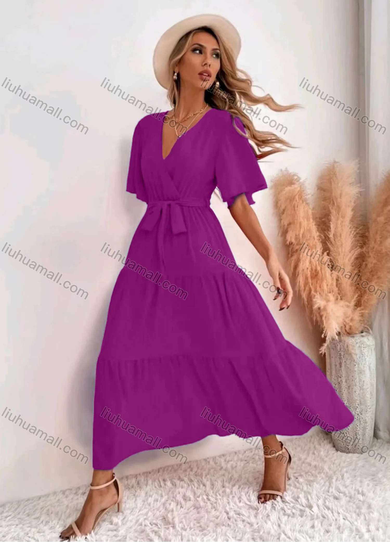 Wholesale Women's Casual Plain V Neck High Waist Ruffle Hem Maxi Dress With Belt - Liuhuamall