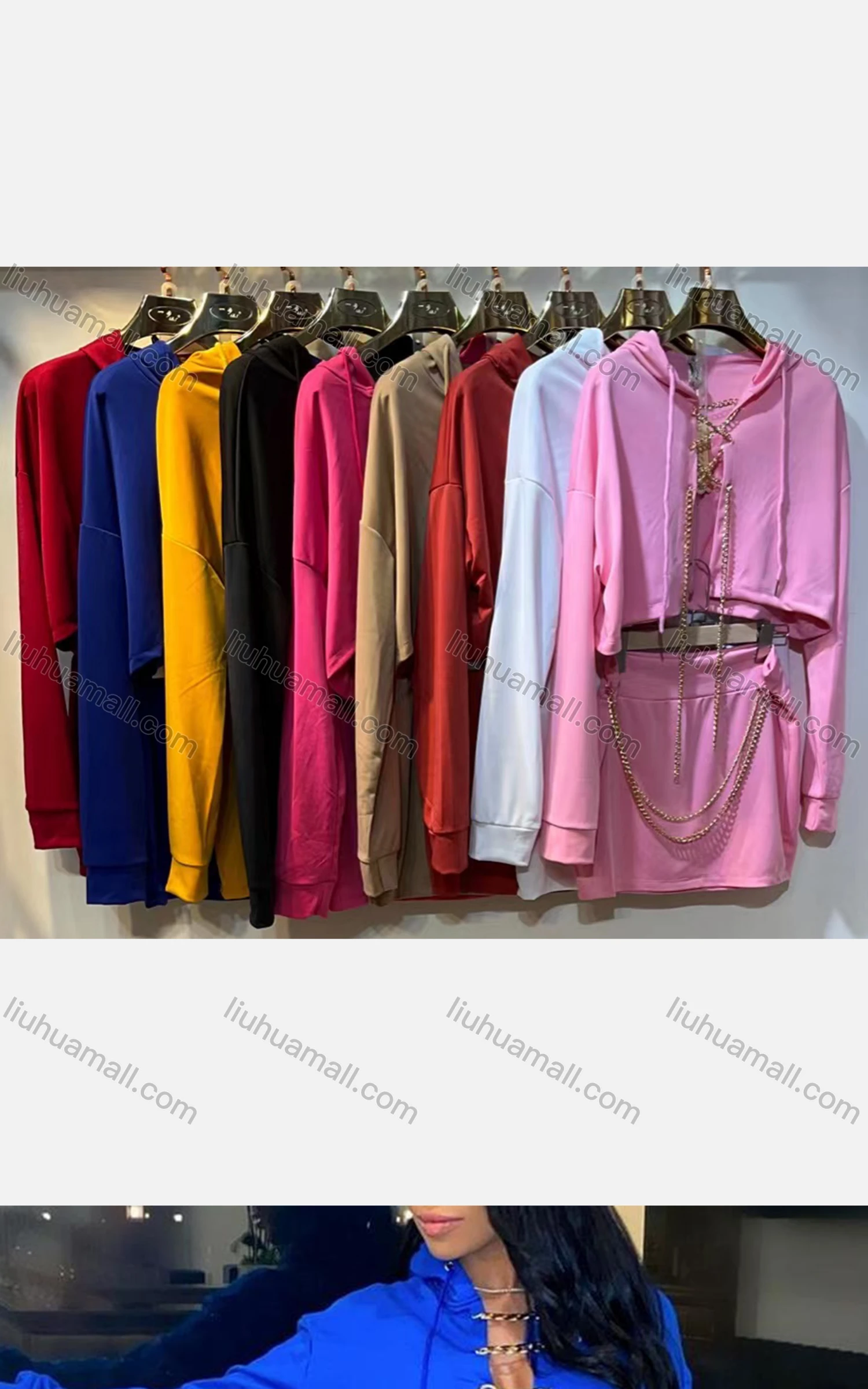 Wholesale Women's Sexy Long Sleeve Chain Closure Crop Top 2-piece Set - Liuhuamall