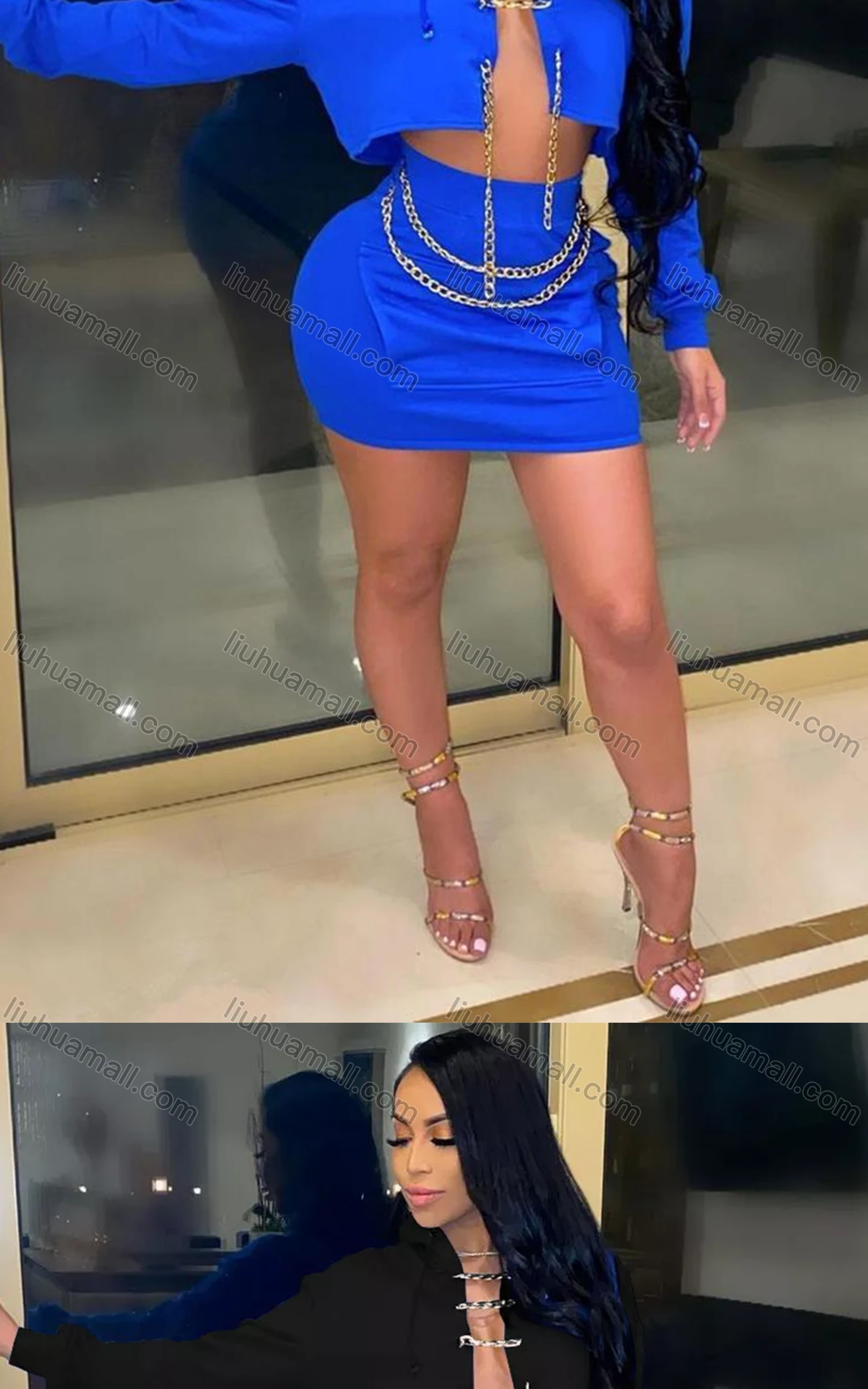 Wholesale Women's Sexy Long Sleeve Chain Closure Crop Top 2-piece Set - Liuhuamall