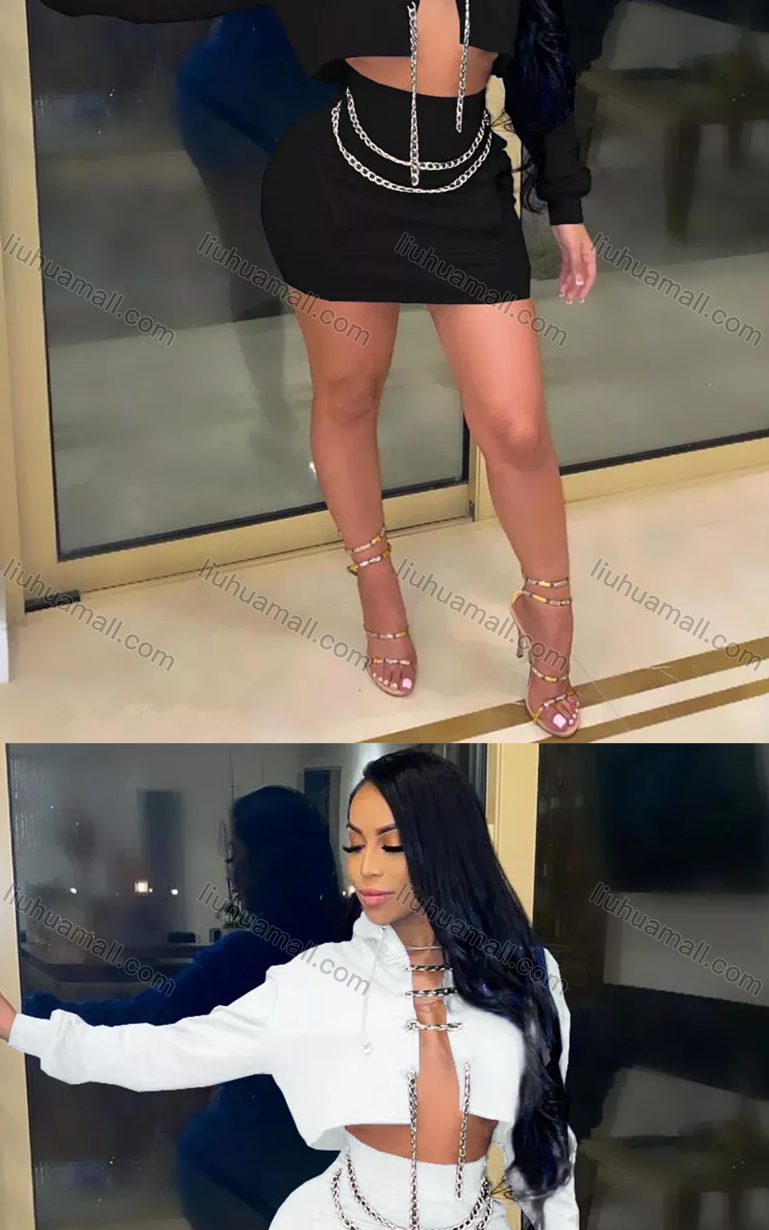 Wholesale Women's Sexy Long Sleeve Chain Closure Crop Top 2-piece Set - Liuhuamall