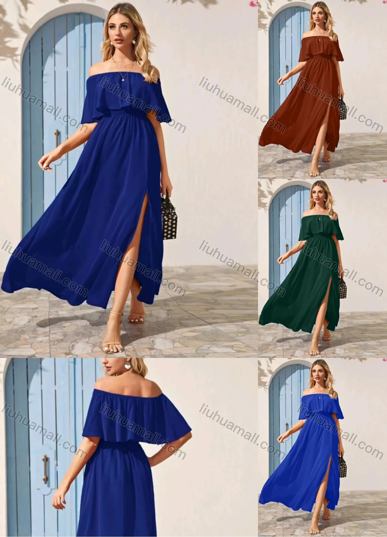 Wholesale Women's Plain Off Shoulder Split Side Ruffle Trim Maxi Cocktail Dress - Liuhuamall