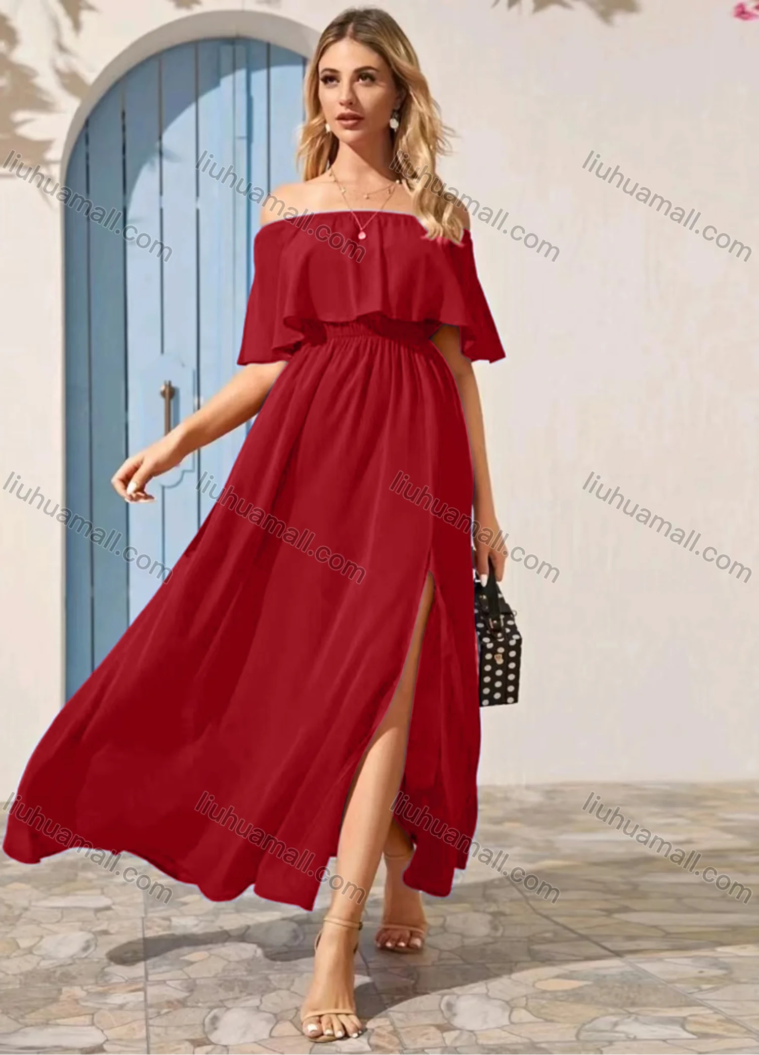 Wholesale Women's Plain Off Shoulder Split Side Ruffle Trim Maxi Cocktail Dress - Liuhuamall