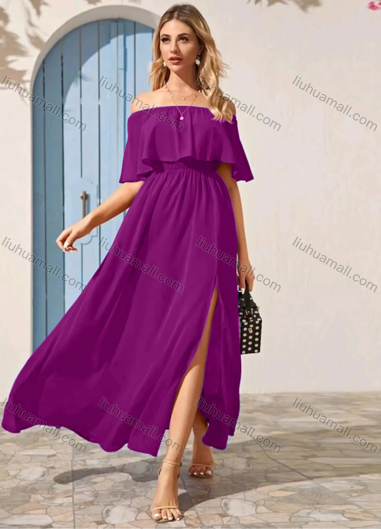 Wholesale Women's Plain Off Shoulder Split Side Ruffle Trim Maxi Cocktail Dress - Liuhuamall